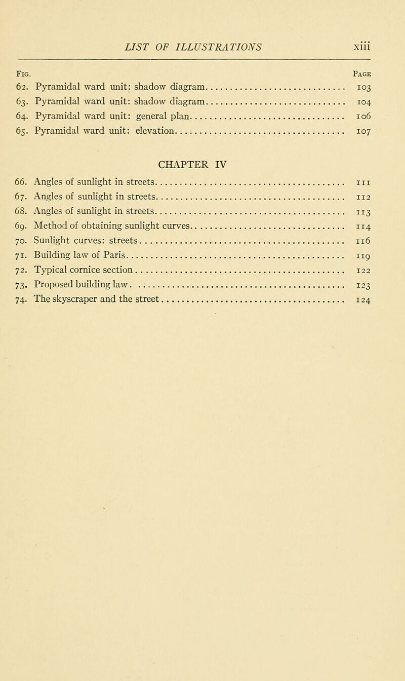 Fig. Page 62. Pyramidal ward unit: shadow diagram 103 63. Pyramidal ward unit: shadow diagram 104 64. Pyramidal ward unit: general plan 106 65. Pyramidal ward unit: elevation 107 CHAPTER IV 66. Angles of sunlight in streets in 67. Angles of sunlight in streets 112 68. Angles of sunlight in streets 113 69. Method of obtaining sunlight curves 114 70. Sunlight curves: streets 116 71. Building law of Paris 119 72. Typical cornice section 122 73. Proposed building law 123 74. The skyscraper and the street 124