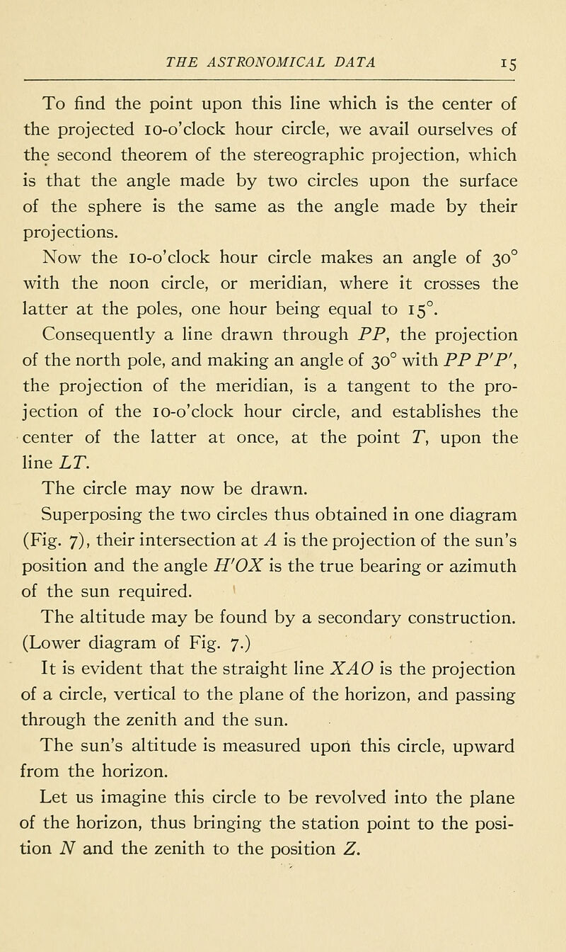 To find the point upon this line which is the center of the projected 10-0'clock hour circle, we avail ourselves of the second theorem of the stereographic projection, which is that the angle made by two circles upon the surface of the sphere is the same as the angle made by their projections. Now the 10-0'clock hour circle makes an angle of 300 with the noon circle, or meridian, where it crosses the latter at the poles, one hour being equal to 150. Consequently a line drawn through PP, the projection of the north pole, and making an angle of 300 with PP P'P', the projection of the meridian, is a tangent to the pro- jection of the 10-0'clock hour circle, and establishes the center of the latter at once, at the point T, upon the line LT. The circle may now be drawn. Superposing the two circles thus obtained in one diagram (Fig. 7), their intersection at A is the projection of the sun's position and the angle H'OX is the true bearing or azimuth of the sun required. The altitude may be found by a secondary construction. (Lower diagram of Fig. 7.) It is evident that the straight line XAO is the projection of a circle, vertical to the plane of the horizon, and passing through the zenith and the sun. The sun's altitude is measured upon this circle, upward from the horizon. Let us imagine this circle to be revolved into the plane of the horizon, thus bringing the station point to the posi- tion N and the zenith to the position Z.