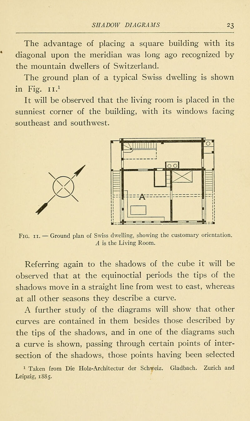 The advantage of placing a square building with its diagonal upon the meridian was long ago recognized by the mountain dwellers of Switzerland. The ground plan of a typical Swiss dwelling is shown in Fig. n.1 It will be observed that the living room is placed in the sunniest corner of the building, with its windows facing southeast and southwest. -1 kwlllllllll r u 1 oo[ = J^>\ J\ - 3 =-l tf— ■ '—J Fig. 11. — Ground plan of Swiss dwelling, showing the customary orientation. A is the Living Room. Referring again to the shadows of the cube it will be observed that at the equinoctial periods the tips of the shadows move in a straight line from west to east, whereas at all other seasons they describe a curve. A further study of the diagrams will show that other curves are contained in them besides those described by the tips of the shadows, and in one of the diagrams such a curve is shown, passing through certain points of inter- section of the shadows, those points having been selected 1 Taken from Die Holz-Architectur der Schweiz. Gladbach. Zurich and Leipzig, 1885.
