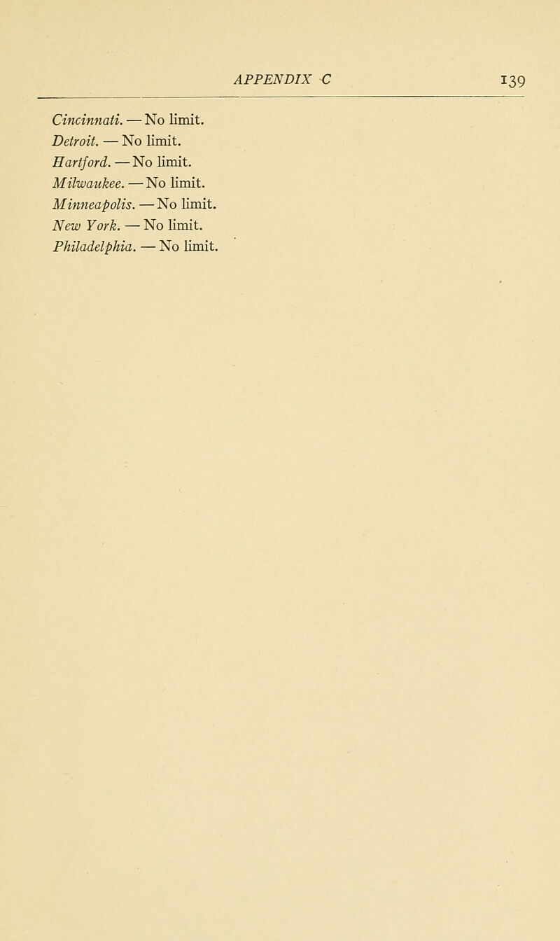 Cincinnati. — No limit. Detroit. — No limit. Hartford. — No limit. Milwaukee. — No limit. Minneapolis. — No limit. New York. — No limit. Philadelphia. — No limit.