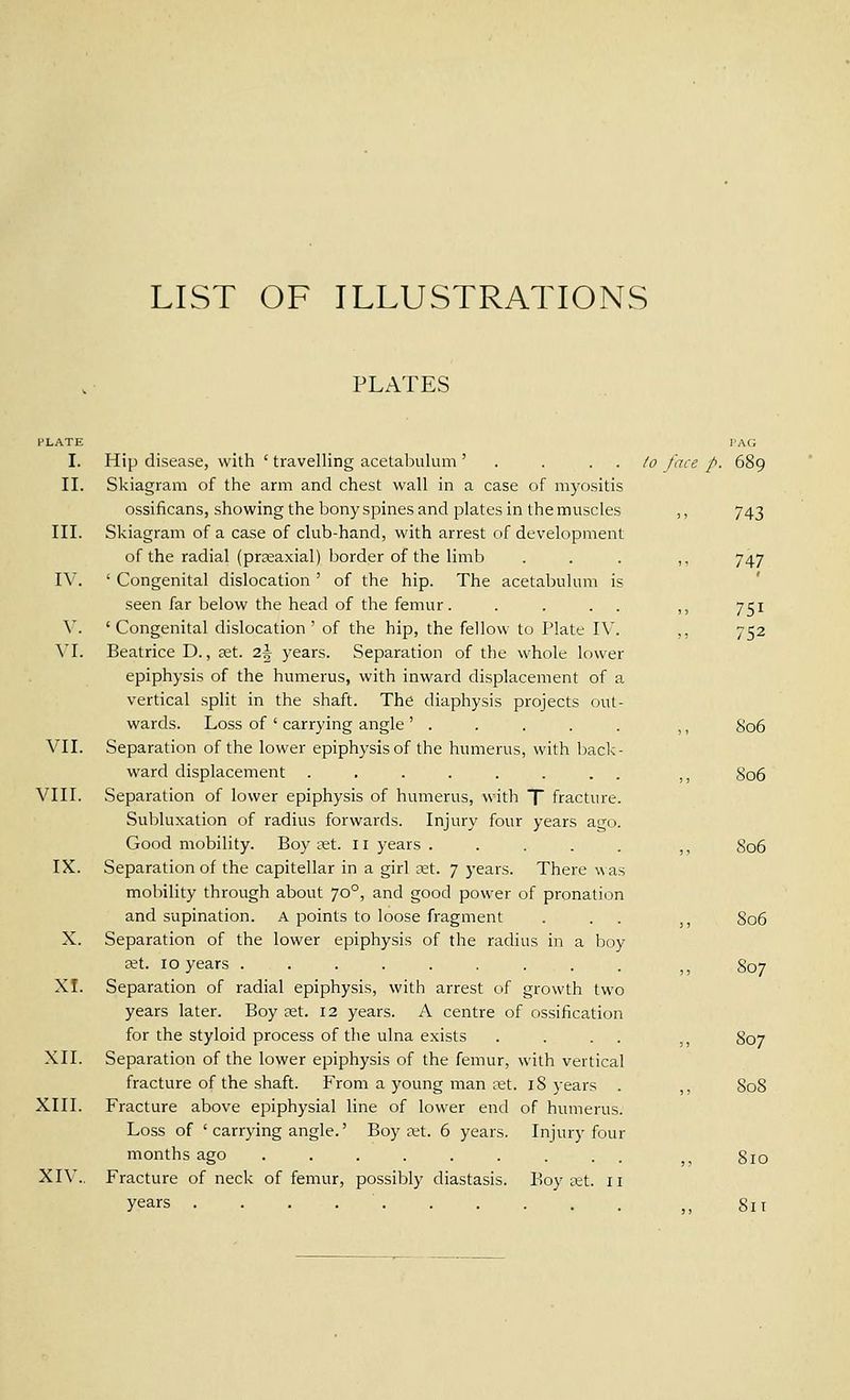 LIST OF ILLUSTRATIONS PLATES PLATE I'AG I. Hip disease, with ' travelling acetabulum' . . . . lo face p. 689 II. Skiagram of the arm and chest wall in a case of myositis ossificans, showing the bony spines and plates in the muscles ,, 743 III. Skiagram of a case of club-hand, with arrest of development of the radial (praeaxial) border of the limb ... ,, 747 IV. ' Congenital dislocation ' of the hip. The acetabulum is seen far below the head of the femur. . . . . ,, 751 V. 'Congenital dislocation' of the hip, the fellow to Plate IV. ,, 752 W. Beatrice D., set. 2^ years. Separation of the whole lower epiphysis of the humerus, with inward displacement of a vertical split in the shaft. The diaphysis projects out- wards. Loss of' carrying angle' . . . . . ,, 806 VII. Separation of the lower epiphysis of the humerus, with back- ward displacement . . . . . . . . ,, 806 VIII. Separation of lower epiphysis of humerus, with T fracture. Subluxation of radius forwards. Injury four years ago. Good mobility. Boy set. 11 years . . . . . ,, 806 IX. Separation of the capitellar in a girl let. 7 years. There \\as mobility through about 70°, and good power of pronation and supination. A points to loose fragment . . . j, 806 X. Separation of the lower epiphysis of the radius in a boy ffit. 10 years ......... ,, 807 XI. Separation of radial epiphysis, with arrest of growth two years later. Boy fet. 12 years. A centre of ossification for the styloid process of the ulna exists . . . . ,, S07 XII. Separation of the lower epiphysis of the femur, with vertical fracture of the shaft. From a young man iTst. 18 years . ,, S08 XIII. Fracture above epiphysial line of lower end of humerus. Loss of ' carrying angle.' Boy ■x'l. 6 years. Injury four months ago . . . . . . . . . ^, 810 XIV.. Fracture of neck of femur, possibly diastasis. Boy ret. 11 years ,, 811