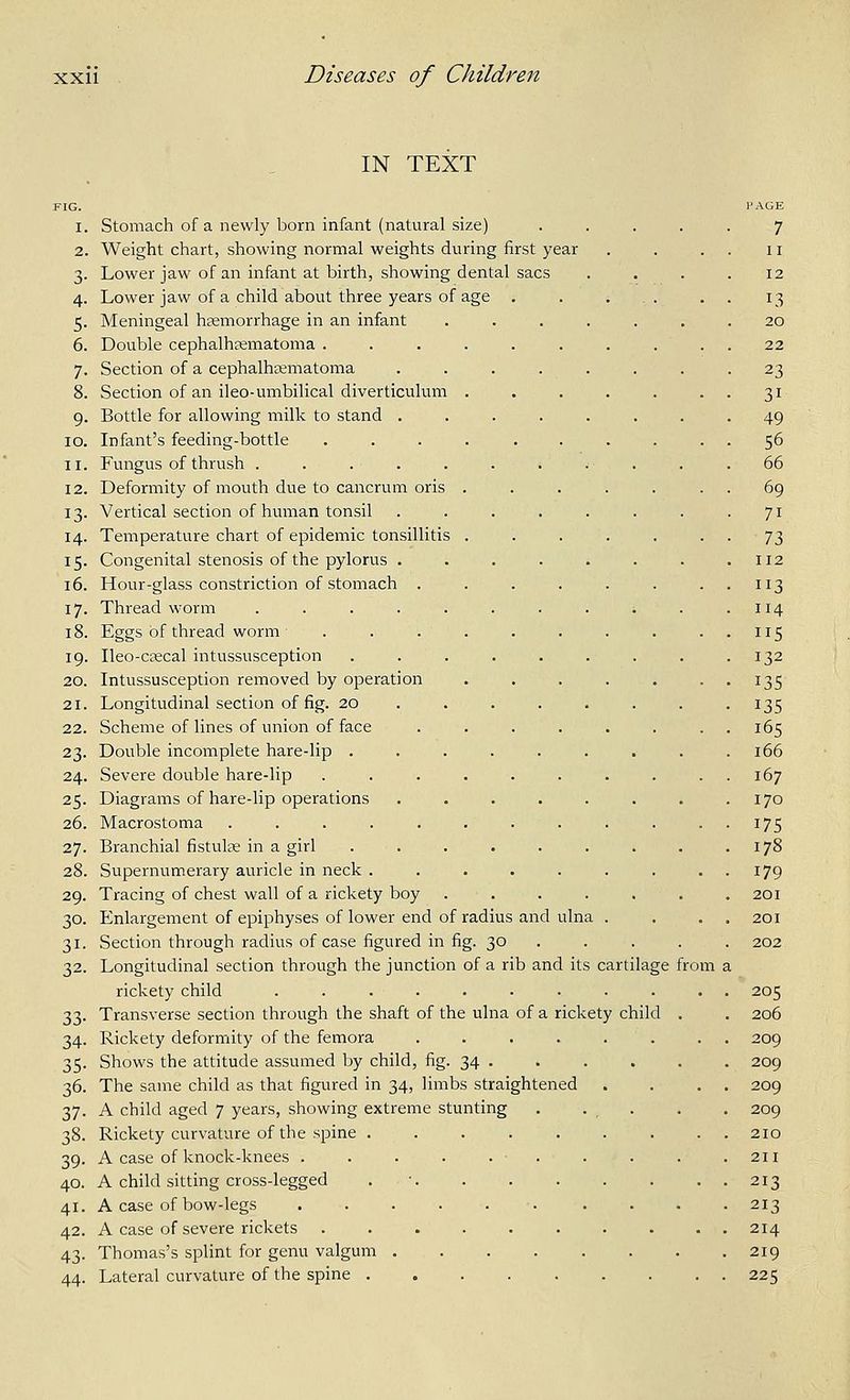 IN TEXT FIG. I. 2. 3- 4- 5- 6. 7- 12. 13- 14. 15- 16. 17- 18. 19. 20. 21. 22. 23- 24. 25- 26. 27. 28. 29. SC- 32- 33- 34- 35- 36. 37- 38. 39- 40. 41. 42. 43- 44. Stomach of a newly born infant (natural size) Weight chart, showing normal weights during first year Lower jaw of an infant at birth, showing dental sacs Lower jaw of a child about three years of age Meningeal haemorrhage in an infant Double cephalhjematoma . Section of a cephalhasmatoma Section of an ileo-umbilical diverticulum Bottle for allowing milk to stand . Infant's feeding-bottle Fungus of thrush .... Deformity of mouth due to cancrum oris Vertical section of human tonsil Temperature chart of epidemic tonsillitis Congenital stenosis of the pylorus . Hour-glass constriction of stomach . Thread worm .... Eggs of thread worm ... Ileo-csecal intussusception Intussusception removed by operation Longitudinal section of fig. 20 Scheme of lines of union of face Double incomplete hare-lip . Severe double hare-lip Diagrams of hare-lip operations Macrostoma ..... Branchial fistulee in a girl Supernumerary auricle in neck . Tracing of chest wall of a rickety boy Enlargement of epiphyses of lower end of radius and ulna Section through radius of case figured in fig. 30 Longitudinal section through the junction of a rib and its cartilage from rickety child .... Transverse section through the shaft of the ulna of a rickety child Rickety deformity of the femora .... Shows the attitude assumed by child, fig. 34 . The same child as that figured in 34, limbs straightened A child aged 7 years, showing extreme stunting Rickety curvature of the spine A case of knock-knees . . . . . . A child sitting cross-legged . •. A case of bow-legs . . . . . . A case of severe rickets ...... Thomas's splint for genu valgum .... Lateral curvature of the spine