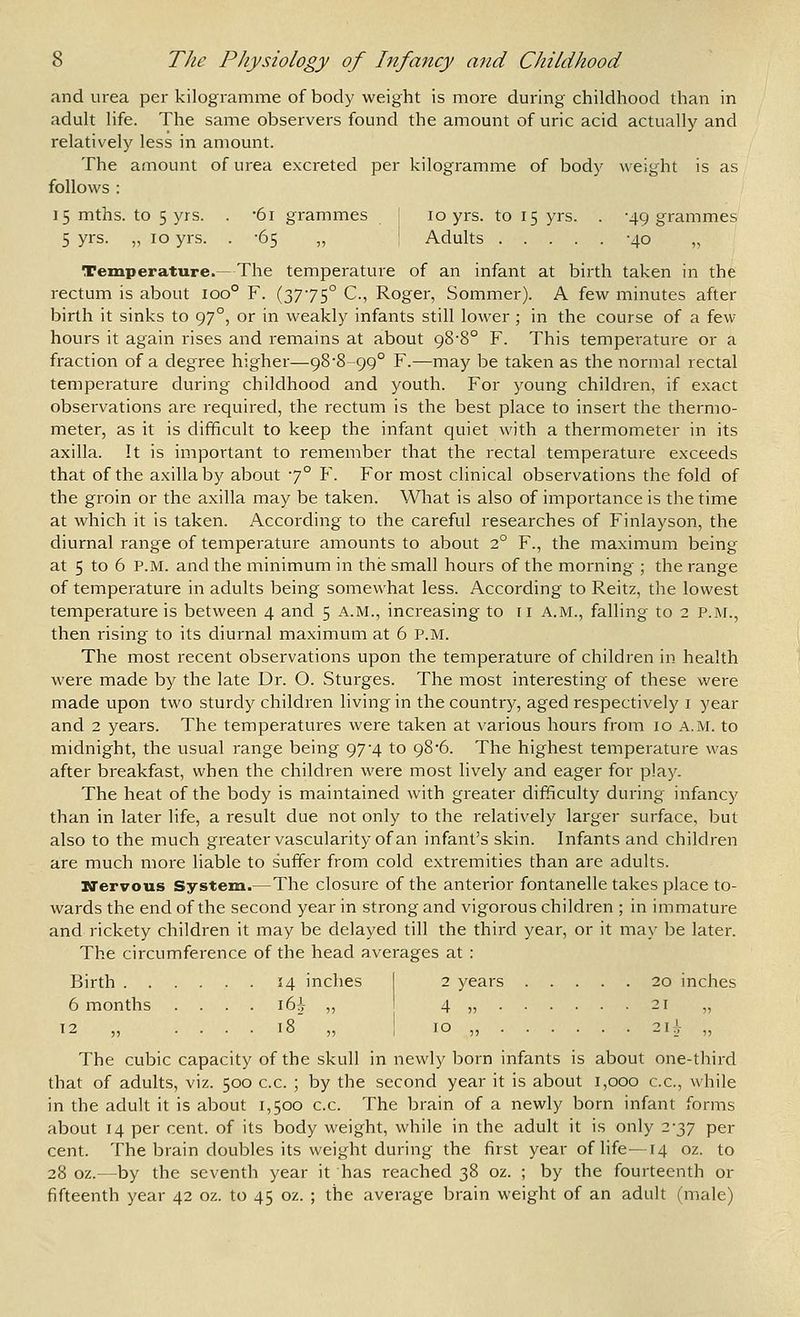 and urea per kilogramme of body weight is more during childhood than in adult life. The same observers found the amount of uric acid actually and relatively less in amount. The amount of urea excreted per kilogramme of body weight is as follows : 15 mths. to 5 yrs. . •61 grammes \ 10 yrs. to 15 yrs. . -49 grammes 5 yrs. „ 10 yrs. . -65 ,, I Adults -40 „ Temperature.—The temperature of an infant at birth taken in the rectum is about 100° F. (3775° C, Roger, Sommer). A few minutes after birth it sinks to 97°, or in weakly infants still lower ; in the course of a few- hours it again rises and remains at about 988° F. This temperature or a fraction of a degree higher—98-8-99° F.—may be taken as the normal rectal temperature during childhood and youth. For young children, if exact observations are required, the rectum is the best place to insert the thermo- meter, as it is difficult to keep the infant quiet with a thermometer in its axilla. It is important to remember that the rectal temperature exceeds that of the axilla by about 7° F. For most clinical observations the fold of the groin or the axilla may be taken. What is also of importance is the time at which it is taken. According to the careful researches of Finlayson, the diurnal range of temperature amounts to about 2° F., the maximum being at 5 to 6 P.M. and the minimum in the small hours of the morning ; the range of temperature in adults being somewhat less. According to Reitz, the lowest temperature is between 4 and 5 a.m., increasing to 11 a.m., falling to 2 p.ivr., then rising to its diurnal maximum at 6 P.M. The most recent observations upon the temperature of children in health were made by the late Dr. O. Sturges. The most interesting of these were made upon two sturdy children living in the country, aged respectively i year and 2 years. The temperatures were taken at various hours from 10 a.m. to midnight, the usual range being 97-4 to 98*6. The highest temperature was after breakfast, when the children were most lively and eager for play. The heat of the body is maintained with greater difficulty during infancy than in later life, a result due not only to the relatively larger surface, but also to the much greater vascularity of an infant's skin. Infants and children are much more liable to suffer from cold extremities than are adults. Uervous System.—The closure of the anterior fontanelle takes place to- wards the end of the second year in strong and vigorous children ; in immature and rickety children it may be delayed till the third year, or it may be later. The circumference of the head averages at : Birth 14 inches I 2 years 20 inches 6 months .... 16^ „ I 4 „ 21 „ 12 „ .... 18 „ I 10 „ 2li „ The cubic capacity of the skull in newly born infants is about one-third that of adults, viz. 500 c.c. ; by the second year it is about 1,000 c.c, while in the adult it is about 1,500 c.c. The brain of a newly born infant forms about 14 per cent, of its body weight, while in the adult it is only 2-37 per cent. The brain doubles its weight during the first year of life—14 oz. to 28 oz.—by the seventh year it has reached 38 oz. ; by the fourteenth or fifteenth year 42 oz. to 45 oz. ; the average brain weight of an adult (male)