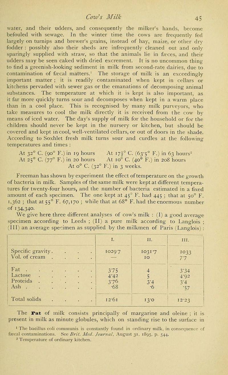 Coiv's Milk water, and their udders, and consequently the milker's hands, become befouled with sewage. In the winter time the cows are frequently fed largely on turnips and brewer's grains, instead of hay, maize, or other dry fodder : possibly also their sheds are infrecjuently cleaned out and only sparingly supplied with straw, so that the animals lie in faeces, and their udders may be seen caked with dried excrement. It is no uncommon thing to find a greenish-looking sediment in milk from second-rate dairies, due to contamination of faecal matters.' The storage of milk is an exceedingly important matter ; it is readily contaminated when kept in cellars or kitchens pervaded with sewer gas or the emanations of decomposing animal substances. The temperature at which it is kept is also important, as it far more quickly turns sour and decomposes when kept in a warm place than in a cool place. This is recognised by many milk purveyors, who take measures to cool the milk directly it is received from the cow by means of iced water. The day's supply of milk for the household or for the children should never be kept in the nursery or kitchen, but should be covered and kept in cool, well-ventilated cellars, or out of doors in the shade. According to Soxhlet fresh milk turns sour and curdles at the following temperatures and times : At 32° C. (90° F.) in 19 hours At 17^ C. (63-5° F.) in 63 hours- At 25° C. {^f F.) in 20 hours At 10° C. (40° F.) in 208 hours At 0° C. (32° F.) in 3 weeks. Freeman has shown by experiment the effect of temperature on the growth of bacteria in milk. Samples of the same milk were kept at different tempera- tures for twenty-four hours, and the number of bacteria estimated in a fixed amount of each specimen. The one kept at 45° F. had 445 ; that at 50° F. [,362 ; that at 55° F. 67,170 ; while that at 68° F. had the enormous number of 134,340. We give here three different analyses of cow's milk : (I) a good average specimen according to Leeds ; (II) a pure milk according to Langlois ; (III) an average specimen as supplied by the milkmen of Paris (Langlois) : I. 10297 II. III. '^^33 77 Specific gravity.... Vol. of cream .... 10317 10 Fat Lactose ..... 1 Proteids Ash Total solids .... 375 4-42 376 •68 4 5 3-4 •6 3-34 4-92 3-4 •57 I2-6l 13-0 12-23 The rat of milk consists principally of margarine and oleine ; it is present in milk as minute globules, which on standing rise to the surface in ' The bacillus coli communis is constantly found in ordinary milk, in consequence of fascal contaminations. See B7-it. Med. Journal, August 31, 1895, p. 544. - Temperature of ordinary kitchen.