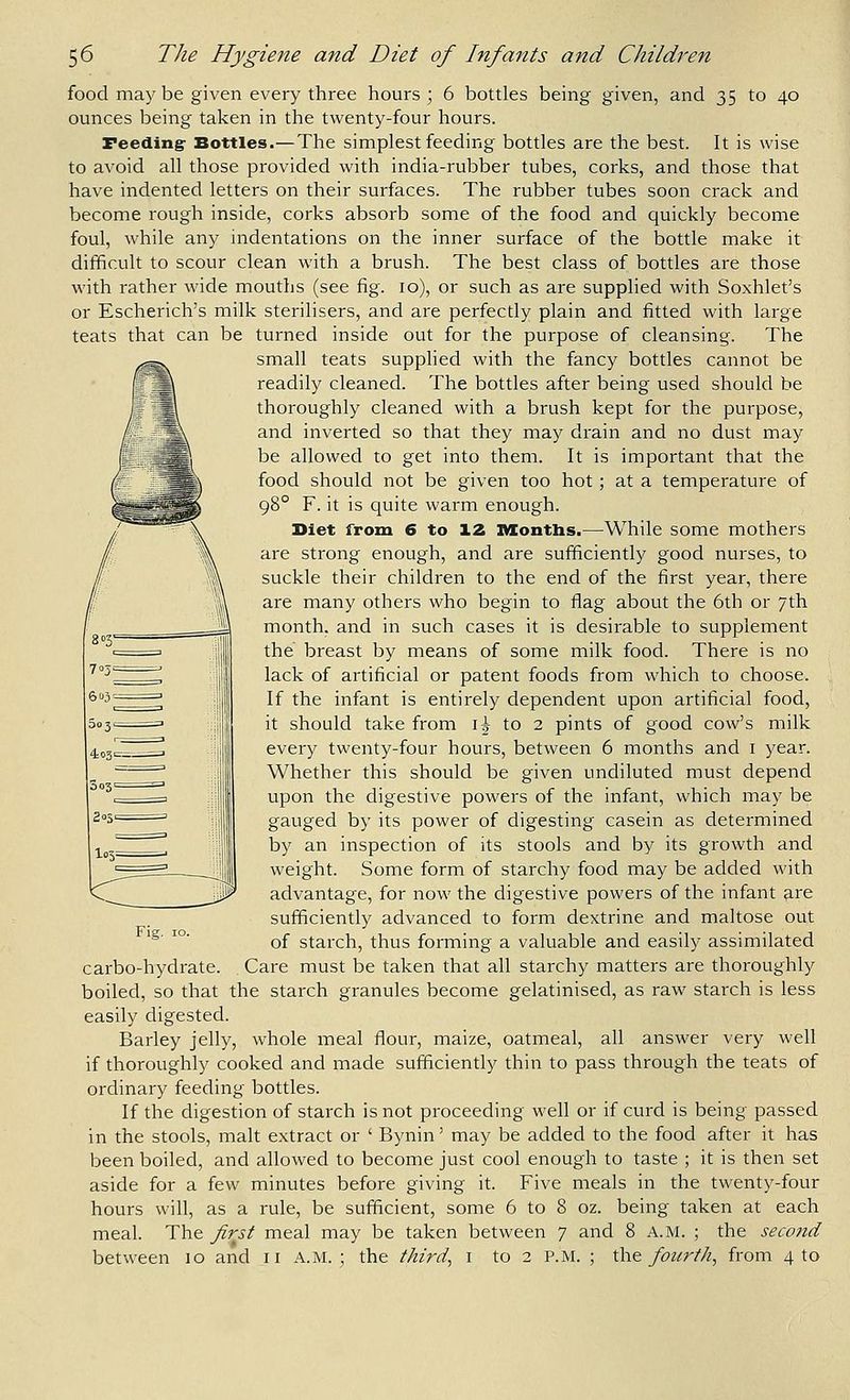 food may be given every three hours ; 6 bottles being given, and 35 to 40 ounces being taken in the twenty-four hours. Feeding' Bottles.—The simplest feeding bottles are the best. It is wise to avoid all those provided with india-rubber tubes, corks, and those that have indented letters on their surfaces. The rubber tubes soon crack and become rough inside, corks absorb some of the food and quickly become foul, while any indentations on the inner surface of the bottle make it difficult to scour clean with a brush. The best class of bottles are those with rather wide mouths (see fig. 10), or such as are supplied with Soxhlet's or Escherich's milk sterilisers, and are perfectly plain and fitted with large teats that can be turned inside out for the purpose of cleansing. The .,=^ small teats supphed with the fancy bottles cannot be readily cleaned. The bottles after being used should be thoroughly cleaned with a brush kept for the purpose, and inverted so that they may drain and no dust may be allowed to get into them. It is important that the food should not be given too hot; at a temperature of 98° F. it is quite warm enough. Diet from 6 to 12 Months.—While some mothers are strong enough, and are sufficiently good nurses, to suckle their children to the end of the first year, there are many others who begin to flag about the 6th or 7th month, and in such cases it is desirable to supplement the breast by means of some milk food. There is no lack of artificial or patent foods from which to choose. If the infant is entirely dependent upon artificial food, it should take from i^ to 2 pints of good cow's milk every twenty-four hours, between 6 months and i year. Whether this should be given undiluted must depend upon the digestive powers of the infant, which may be gauged by its power of digesting casein as determined by an inspection of its stools and by its growth and weight. Some form of starchy food may be added with advantage, for now the digestive powers of the infant are sufficiently advanced to form dextrine and maltose out of stai-ch, thus forming a valuable and easily assimilated carbo-hydrate. Care must be taken that all starchy matters are thoroughly boiled, so that the starch granules become gelatinised, as raw starch is less easily digested. Barley jelly, whole meal flour, maize, oatmeal, all answer very well if thoroughly cooked and made sufficiently thin to pass through the teats of ordinary feeding bottles. If the digestion of starch is not proceeding well or if curd is being passed in the stools, malt extract or ' Bynin' may be added to the food after it has been boiled, and allowed to become just cool enough to taste ; it is then set aside for a few minutes before giving it. Five meals in the twenty-four hours will, as a rule, be sufficient, some 6 to 8 oz. being taken at each meal. The first meal may be taken between 7 and 8 a.m. ; the second between 10 and 11 A.M.; the third, i to 2 P.M. ; \h& fotirth, from 4 to Fig. 10.