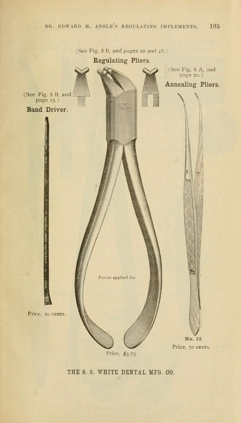 (See Fig. 8 B, and pages 20 and 4S. Regulating- Pliers. (See Fig. 8 B, and page 15.) Band Driver. Price, 20 cents. (See Fig. 8 A, and page 20.) Annealing Pliers. If No. 12. Price, 70 cents. Price, $3.75