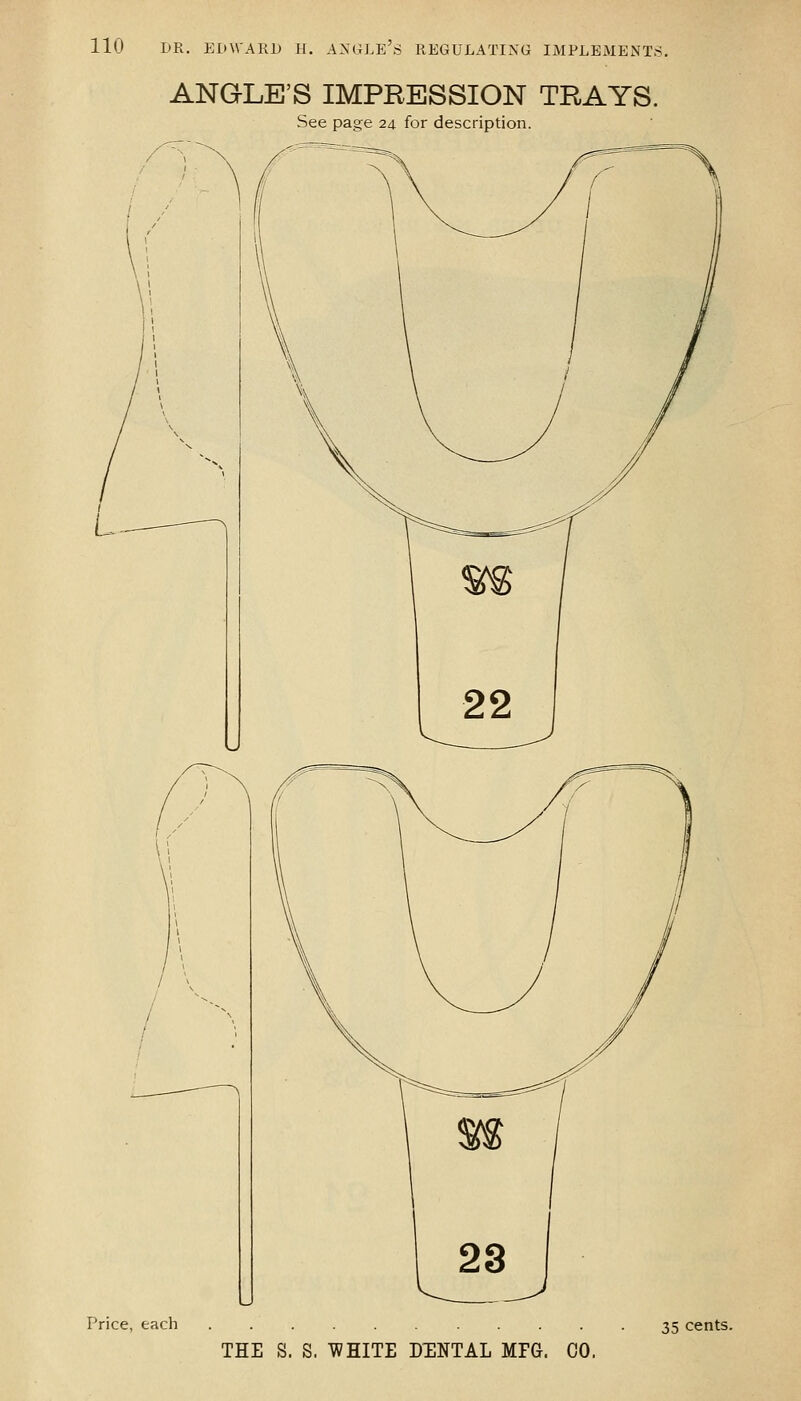 ANGLE'S IMPRESSION TRAYS. See page 24. for description. Price, each 35 cents.