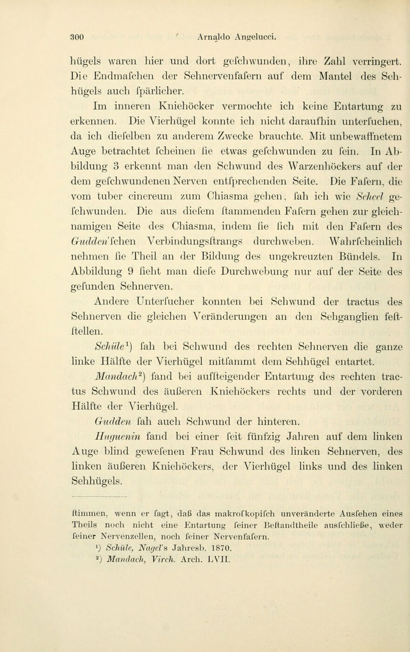 hügels waren hier und dort gefchwunden, ihre Zahl verringert. Die Endmafclien der Sehnervenfafern auf dem Mantel des Seh- hügels auch fpärlicher. Im inneren Kniehöcker vermochte ich keine Entartung zu erkennen. Die Vierhügel konnte ich nicht daraufhin unterfuchen, da ich diefelben zu anderem Zwecke brauchte. Mit unbewaffnetem Auge betrachtet fcheinen ße etwas gefchwunden zu fein. In Ab- bildung 3 erkennt man den Schwund des Warzenhöckers auf der dem gefchwundenen Nerven entfprechenden Seite. Die Fafern, die vom tuber cinereum zum Chiasma gehen, fah ich wie Scheel ge- fchwunden. Die aus diefem flammenden Fafern gehen zur gleich- namigen Seite des Chiasma, indem lie fich mit den Fafern des Giiclden [chen Verbindungsftrangs durchweben. Wahrfcheinlich nehmen fie Theil an der Bildung des ungekreuzten Bündels. In Abbildung 9 ficht man diefe Durchwebung nur auf der Seite des gefunden Sehnerven. Andere Unterfucher konnten bei Schwund der tractus des Sehnerven die gleichen Veränderungen an den Sehganglien feft- flellen. Schule^) fall bei Schwund des rechten Selmerven die ganze linke Hälfte der Vierhügel mitfammt dem Sehhügel entartet. Mandach^) fand bei auffteigender Entartung des rechten trac- tus Schwund des äußeren Kniehöckers rechts und der vorderen Hälfte der Vierhügel. Guddcn fah auch Schwund der hinteren. Huguenin fand bei einer feit fünfzig Jahren auf dem linken Auge blind gewefenen Frau Schwund des linken Sehnerven, des linken äußeren Kniehöckers, der Vierhügel links und des linken Sehhügels. Ilimmen, wenn er fagt, daß das makrofkopifch unveränderte Ausfehen eines Theils noch nicht eine Entartung feiner Beftandtheile ausfchließe, weder feiner Nervenzellen, noch feiner Nervenfafern. ') Schule, Nagel's Jahresb. 1870. 2) Mandach, VircJi. Arch. LVII.