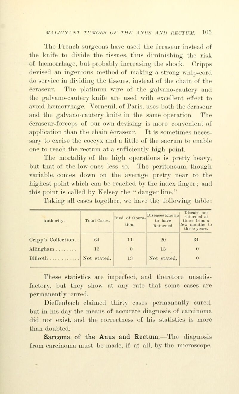 The French surgeons have used the ecraseur instead of the knife to divide the tissues, thus diminishing the risk of haemorrhage, but probably increasing the shock. Cripps devised an ingenious method of making a strong whip-cord do service in dividing the tissues, instead of the chain of the ecraseur. The platinum wire of tlie galvauo-cautery and the galvano-cautery knife are used with excellent effect to avoid hfemorrhage. Verneuil, of Paris, uses both the ecraseur and the galvano-cautery knife in the same operation. The ecraseur-forceps of our own devising is more convenient of application than the chain ecraseur. It is sometimes neces- sary to excise the coccyx and a little of the sacrum to enable one to reach the rectum at a sufficiently high point. The mortality of the high operations is pretty heavy, but that of the low ones less so. The peritoneum, though variable, comes down on the average pretty near to the highest point which can be reached by the index finger; and this point is called by Kelsey the  danger line. Taking all cases together, we have the following table: Authority. Total Cases. Died of Opera- tion. Diseases Known to have Ketiirned. Disease not returned at times from a few months to three years. Cripp's Collection.. Allingham Billroth 64 13 Not stated. 11 0 13 20 13 Not stated. 34 0 0 These statistics are impei'fect, and therefore unsatis- factory, but they show at any rate that some cases are permanently cured. DiefPenbach claimed thirty cases permanently cured, but in his day the means of accurate diagnosis of carcinoma did not exist, and the correctness of his statistics is more than doubted. Sarcoma of the Anus and Rectum.—The diagnosis from carcinoma must be made, if at all, by the microscope.