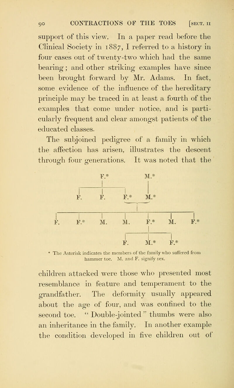 support of this view. In a paper read before the CKnical Society in 1887, I referred to a history in four cases out of twenty-two which had the same bearing; and other striking examples have since been brought forward by Mr. Adams. In fact, some evidence of the influence of the hereditary principle may be traced in at least a fourth of the examples that come under notice, and is parti- cularly frequent and clear amongst patients of the educated classes. The subjoined pedigree of a family in which the affection has arisen, illustrates the descent through four generations. It was noted that the F.* M.*- F. F. F.* M.* I I I I I I I F. F.* M. M. F.* M. F.* F. M.* F.* * The Asterisk indicates the members of the family who suffered from hammer toe. M. and F. signify sex. children attacked were those who presented most resemblance in feature and temperament to the grandfather. The deformity usually appeared about the age of four, and was confined to the second toe.  Double-jointed  thumbs were also an inheritance in the family. In another example the condition developed in five children out of