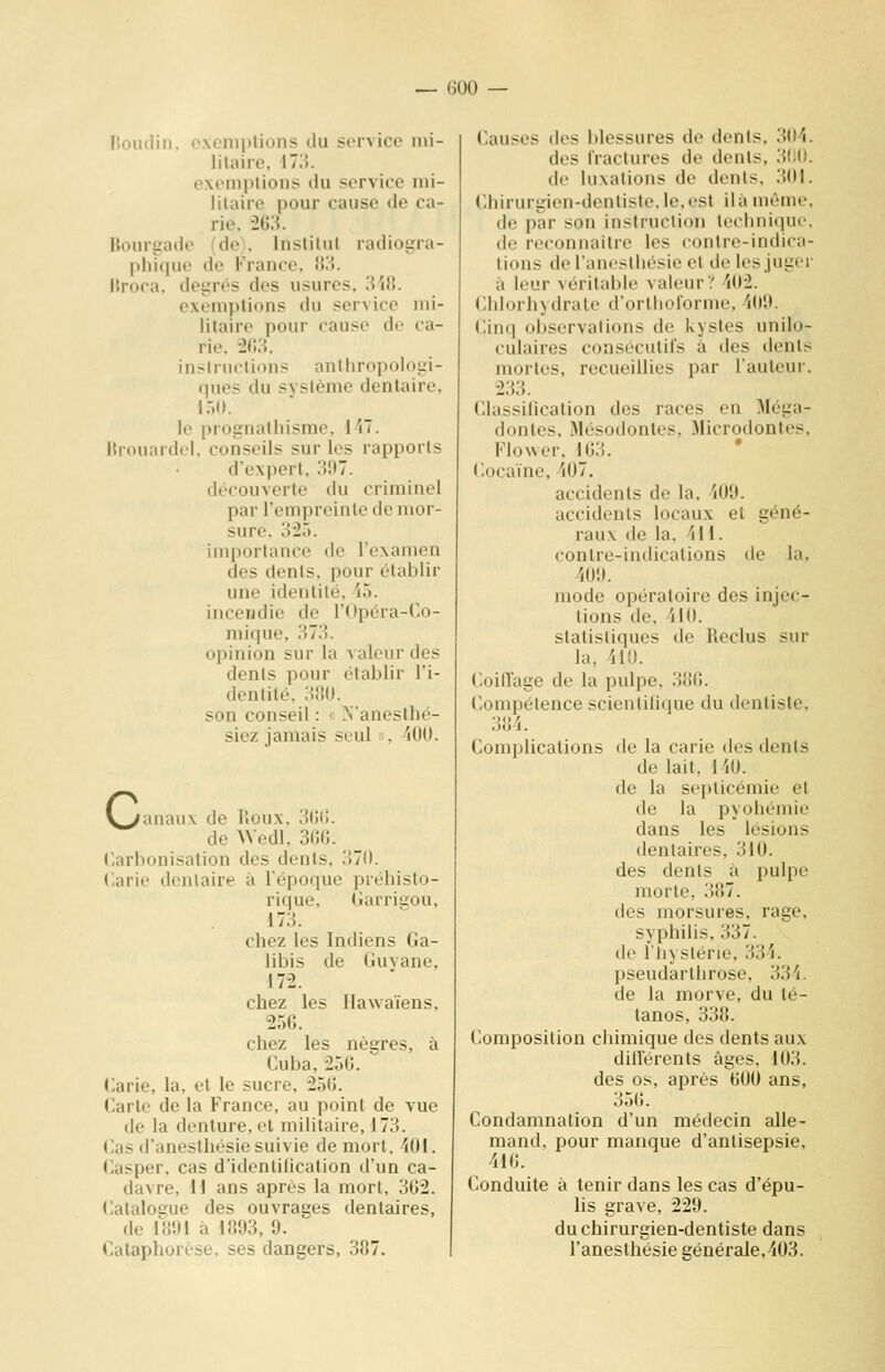 Koiulin. exemptions du service mi- litaire. 113. exemptions du service mi- litaire pour cause de ca- rie. 263. Bourgade (de). Institut radiogra- pliique de France. 153. liroca. degrés des usures. 3i8. exemptions du service mi- litaire pour cause de ca- rie, ^(i.i. instructions anthropologi- »|ues du système dentaire. I ,■)(». le prognathisme, i'i. Hrouardel. conseils sur les rapports d'expert, 397. découverte du criminel par l'empreinte de mor- sure. 3'2r>. importance de l'examen des dents, pour établir une identité, 'lo. incendie de rt)péra-('o- mitpie, 373. opinion sur la valeur des dents pour établir l'i- dentité, 3}!0. son conseil : « N'anesthé- siez jamais seul o, 400. Vvanaux de lloux. 3()(;. de Wedl, 30fi. Carbonisation des dents, 370. (larie dentaire à lépoque préhisto- rique, (jarriii;ou, 173. chez les Indiens Ga- libis de Guvane, 172. chez les Hawaïens, 25G. chez les nègres, à Cuba, 250. Carie, la, et le sucre, 250. Carte de la France, au point de vue de la denture, et militaire, 173. Cas d'anesthésie suivie de mort, 101. (iUsper, cas d'idenlilication d'un ca- davre, 11 ans après la mort, 302. Catalogue des ouvrages dentaires, de lO'Jl à 1«93, 9. Cataphorèse. ses dangers, 387. Causes des blessures de dents, .30''i. des fractures de dents, 300. de luxations de dents. 301. Chirurgien-dentiste, le, est il à même, de par son instruction techniquo. de reconnaître les conlre-indica- tions de l'ancsiiiésie et do les juger à leur véritable valeur? 402. Chlorhydrate d'ortiiol'orme, 409. Cinq observations de kystes unilo- culaires consécutifs à des dents mortes, recueillies par l'auleur, 233. Classification des races en Méga- dontes, Jlésodontes, Microdontes, Flower. I_03. * Cocaïne, 107. accidents de la, 409. accidents locaux et géné- raux de la. 411. contre-indications de la, 409. mode opératoire des injec- tions de, 410. statistiques de Reclus sur la, 410. Coiffage de la pulpe, 300. Compétence scientiiique du dentiste, 30 i. Complications de la carie des dents de lait, 140. de la septicémie et de la pyohémie dans les lésions dentaires, 310. des dents à pulpe morte, 387. des morsures, rage, syphilis, 337. de l'iiystérie, 334. pseudarthrose, 334. de la morve, du té- tanos, 338. Composition chimique des dents aux dillerents âges, 103. des os, après 600 ans, 350. Condamnation d'un médecin alle- mand, pour manque d'antisepsie, 410. Conduite à tenir dans les cas d'épu- lis grave, 229. du chirurgien-dentiste dans l'anesthésie générale,403.