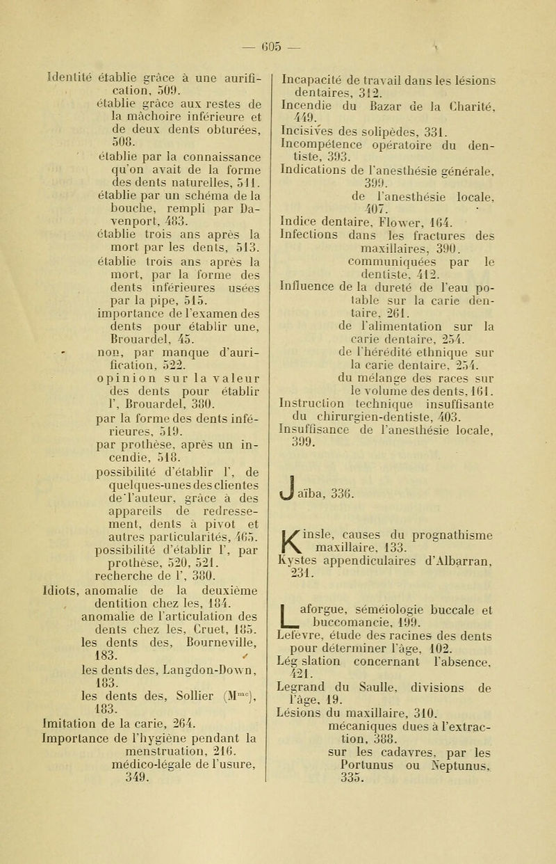 identité établie grâce à une aurifî- cation, 509. établie grâce aux restes de la mâchoire inférieure et de deux dents obturées, 508. établie par la connaissance qu'on avait de la forme des dents naturelles, 511. établie par un schéma de la bouche, rempli par Da- venport, -483. établie trois ans après la mort par les dents, 513. établie trois ans après la mort, par la forme des dents inférieures usées par la pipe, 515. importance de l'examen des dents pour établir une, Brouardel, 45. non, par manc|ue d'auri- fication, 522. opinion sur la valeur des dents pour établir 1', Brouardel, 380. par la forme des dents infé- rieures, 51'J. par prothèse, après un in- cendie, 518. possibilité d'établir 1, de quelques-unes des clientes de'l'auteur, grâce à des appareils de redresse- ment, dents à pivot et autres particularités, 465. possibilité d'établir 1', par prothèse, 520, 521. recherche de 1', 380. Idiots, anomalie de la deuxième dentition chez les, 184. anomalie de l'articulation des dents chez les, Cruet, 185. les dents des, Bourneville, 183. / les dents des, Langdon-Down, 183. les dents des, Sollier (M'^'^), 183. Imitation de la carie, 264. Importance de l'hygiène pendant la menstruation, 21G. médico-léeale de l'usure, 349. Incapacité de travail dans les lésions dentaires, 312. Incendie du Bazar de la Charité, 419. Incisives des solipèdes, 331. Incompétence opératoire du den- tiste, 393. Indications de l'anesthésie générale, 399. de l'anesthésie locale, 407. Indice dentaire, Flower, 164. Infections dans les fractures des maxillaires, 390. communiquées par le dentiste. 412. Influence de la dureté de l'eau po- table sur la carie den- taire, 261. de l'alimentation sur la carie dentaire, 254. de l'hérédité ethnique sur la carie dentaire, 254. du mélange des races sur le volume des dents, 161. Instruction technique insuffisante du chirurgien-dentiste, 403. Insuffisance de l'anesthésie locale, 399. aïba, 336. Kinsle, causes du prognathisme maxillaire, 133. Kystes appendiculaires d'Albarran, 231. Laforgue, séméiologie buccale et buccomancie, 199. Letèvre, étude des racines des dents pour déterminer l'âge, 102. Lég slation concernant l'absence. 421. Legrand du Saulle. divisions de l'âge, 19. Lésions du maxillaire, 310. mécaniques dues à l'extrac- tion. 388. sur les cadavres, par les Portunus ou Neptunus, 335.