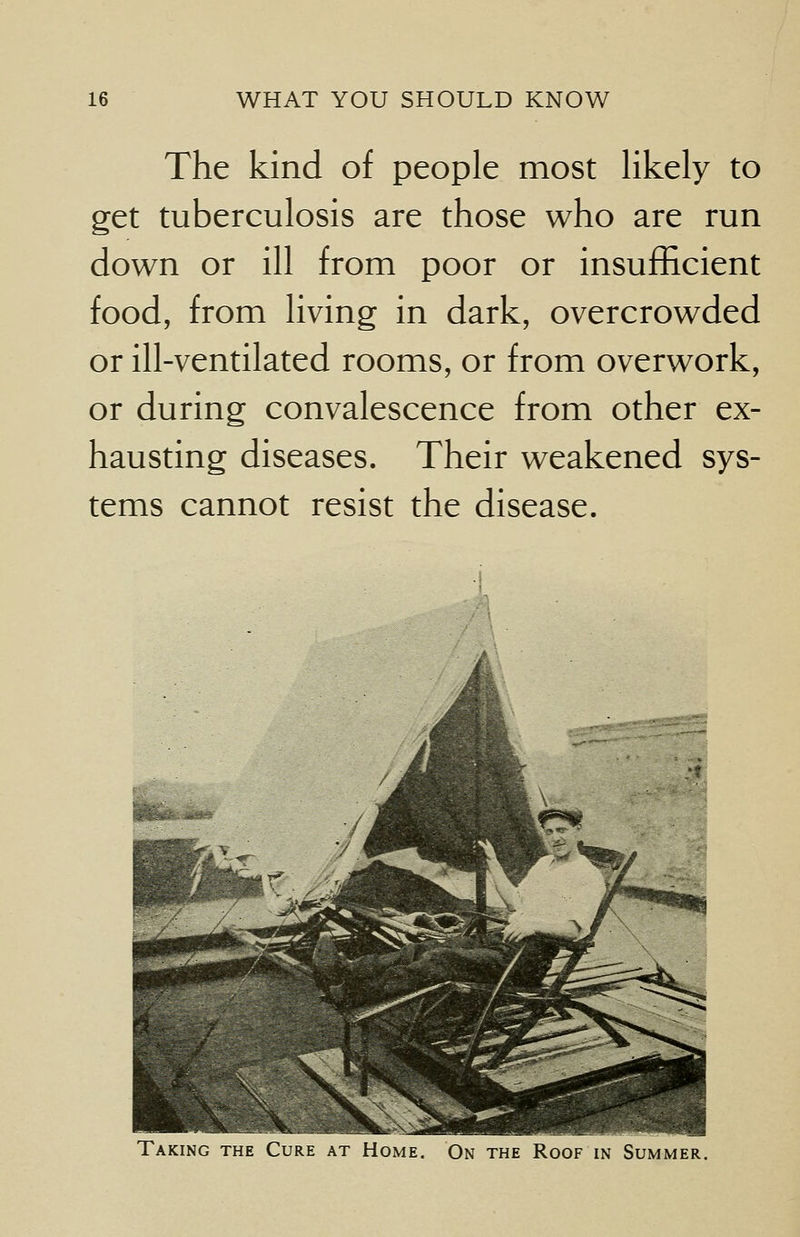 The kind of people most likely to get tuberculosis are those who are run down or ill from poor or insufficient food, from living in dark, overcrowded or ill-ventilated rooms, or from overwork, or during convalescence from other ex- hausting diseases. Their weakened sys- tems cannot resist the disease. Taking the Cure at Home. On the Roof in Summer.