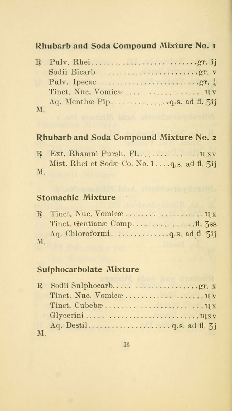 Rhubarb and Soda Compound Mixture No. i 1$ Pulv. Rhei gr. ij Sodii Bicarb gr. v Pulv. Ipecac gr. £ Tinct. Xuc. Vomica? tt^v Aq. Mentha? Pip ^-.-q.s. ad fl. 3ij M. Rhubarb and Soda Compound Mixture No. 2 I£ Ext. Rhamni Pursh. Fl. nixv Mist. Rhei et Soda? Co. No. 1. . . .q.s. ad fl. 3ij M. Stomachic Mixture R Tinct. Nuc. Vomica? tt|x Tinct. Gentiana? Comp fl. 5ss Aq. Chloroformi q.s. ad fl 3ij M. Sulphocarbolate Mixture R Sodii Sulphocarb gr. x Tiuct. Nuc. Vomica? ttjv Tinct. Cubeba? tilx Glycerini tt],xv Aq. Destil q.s. ad fl. 5j M.