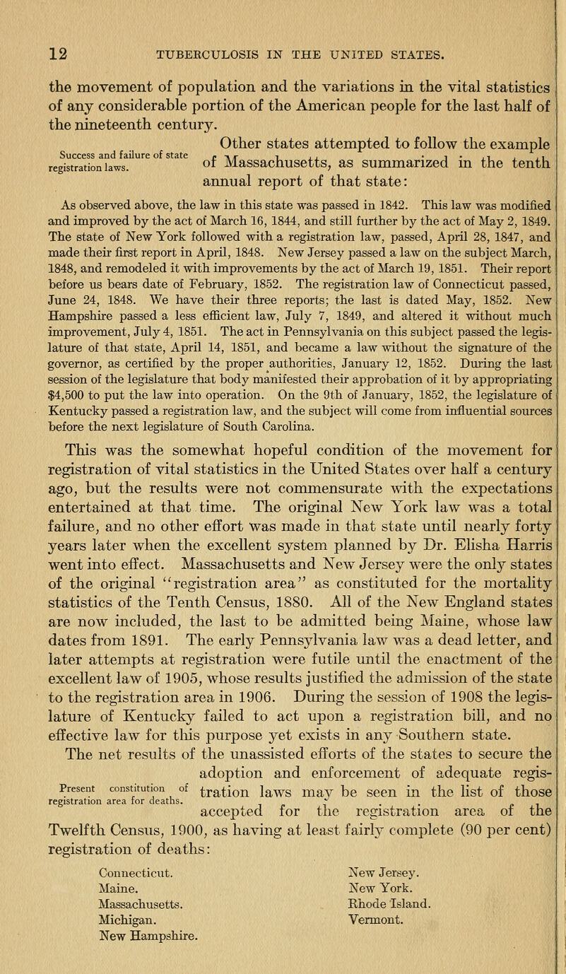 the movement of population and the variations in the vital statistics of any considerable portion of the American people for the last half of the nineteenth century. Other states attempted to follow the example Success and failure of state n -kit i i_. •i',i,,i registration laws. ^f Massachusetts, as summarized m the tenth annual report of that state: As observed above, the law in this state was passed in 1842. This law was modified and improved by the act of March 16, 1844, and still further by the act of May 2, 1849. The state of New York followed with a registration law, passed, April 28, 1847, and made their first report in April, 1848. New Jersey passed a law on the subject March, 1848, and remodeled it with improvements by the act of March 19, 1851. Their report before us bears date of February, 1852. The registration law of Connecticut passed, June 24, 1848. We have their three reports; the last is dated May, 1852. New Hampshire passed a less efllcient law, July 7, 1849, and altered it without much improvement, July 4, 1851. The act in Pennsylvania on this subject passed the legis- lature of that state, April 14, 1851, and became a law without the signatm'e of the governor, as certified by the proper authorities, January 12, 1852. Dming the last session of the legislature that body manifested their approbation of it by appropriating $4,500 to put the law into operation. On the 9th of January, 1852, the legislatm'e of Kentucky passed a registration law, and the subject will come from influential sources before the next legislature of South Carolina. This was the somewhat hopeful condition of the movement for registration of vital statistics in the United States over half a century ago, but the results were not commensurate with the expectations entertained at that time. The original New York law was a total failure, and no other effort was made in that state until nearly forty years later when the excellent system planned by Dr. Elisha Harris went into effect. Massachusetts and New Jersey were the only states of the original ''registration area as constituted for the mortality statistics of the Tenth Census, 1880. All of the New England states are now included, the last to be admitted being Maine, whose law dates from 1891. The early Pennsylvania law was a dead letter, and later attempts at registration were futile until the enactment of the excellent law of 1905, whose results justified the admission of the state to the registration area in 1906. During the session of 1908 the legis- lature of Kentucky failed to act upon a registration bill, and no effective law for tliis purpose yet exists in any Southern state. The net results of the unassisted efforts of the states to secure the adoption and enforcement of adequate regis- Present constitution of tratiou laws may be seen in the Hst of those registration area tor deaths. i c i • • i« i accepted for the registration area or the Twelfth Census, 1900, as having at least fairly complete (90 per cent) registration of deaths: Connecticut. New Jersey. Maine. New York. Massachusetts. Rhode Island. Michigan. Vermont. New Hampshire.