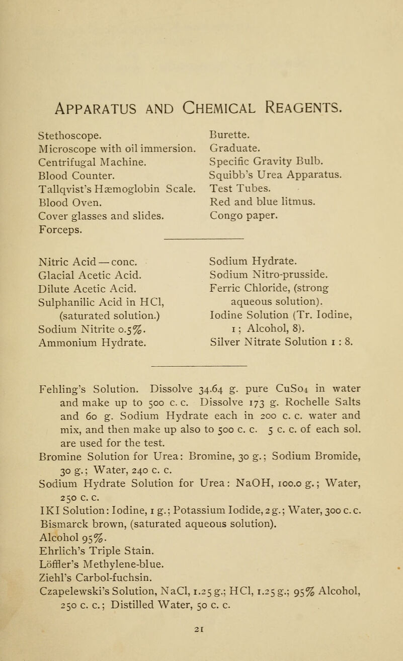 Apparatus and Chemical Reagents. Stethoscope. Microscope with oil immersion. Centrifugal Machine. Blood Counter. Tallqvist's Haemoglobin Scale. Blood Oven. Cover glasses and slides. Forceps. Nitric Acid — cone. Glacial Acetic Acid. Dilute Acetic Acid. Sulphanilic Acid in HCl, (saturated solution.) Sodium Nitrite 0.5%. Ammonium Hydrate. Burette. Graduate. Specific Gravity Bulb. Squibb's Urea Apparatus. Test Tubes. Red and blue litmus. Congo paper. Sodium Hydrate. Sodium Nitro-prusside. Ferric Chloride, (strong aqueous solution). Iodine Solution (Tr. Iodine, I; Alcohol, 8). Silver Nitrate Solution i : 8. Fehling's Solution. Dissolve 34.64 g. pure CuSoj, in water and make up to 500 c. c. Dissolve 173 g. Rochelle Salts and 60 g. Sodium Hydrate each in 200 c. c. water and mix, and then make up also to 500 c. c. 5 c. c. of each sol. are used for the test. Bromine Solution for Urea: Bromine, 30 g.; Sodium Bromide, 30 g.; Water, 240 c. c. Sodium Hydrate Solution for Urea: NaOH, loo.og.; Water, 250 c. c. IKI Solution: Iodine, i g.; Potassium Iodide,2g.; Water, 300 c.c. Bismarck brown, (saturated aqueous solution). Alcohol 95%. Ehrlich's Triple Stain. Loflfler's Methylene-blue. Ziehl's Carbol-fuchsin. Czapelewski's Solution, NaCl, 1.25 g.; HCl, 1.25 g.; 95% Alcohol, 250 c. c.; Distilled Water, 50 c. c. 21