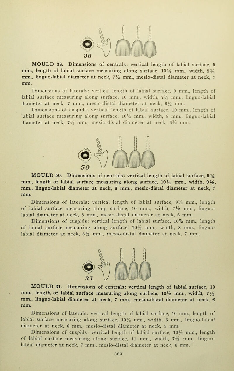 mm., length of labial surface measuring along surface, 101^4 mm., width, 93.4 mm., linguo-labial diameter at neck, 7^/4 mm,, mesio-distal diameter at neck, 7 mm. Dimensions of laterals: vertical length of labial surface, 9 mm., length of labial surface measuring along surface, 10 mm., width, 7^^ mm., linguo-labial diameter at neck, 7 mm., mesio-distal diameter at neck, S^A mm. Dimensions of cuspids: vertical length of labial surface, 10 mm., length of labial surface measuring along surface, lOVi mm., width, 8 mm., linguo-labial diameter at neck, lyo mm., mesio-distal diameter at neck, 6% mm. 50 MOULD 50. Dimensions of centrals: vertical length of labial surface, ^^^ mm., length of labial surface measuring along surface, 101.4 mm., width, 9*^. mm., linguo-labial diameter at neck, 8 mm., mesio-distal diameter at neck, 7 mm. Dimensions of laterals: vertical length of labial surface, QVo mm., length of labial surface measuring along surface, 10 mm., width, 7^/^ mm., linguo- labial diameter at neck, 8 mm., mesio-distal diameter at neck, 6 mm. Dimensions of cuspids: vertical length of labial surface, 10% mm., length of labial surface measuring along surface, 10y2 mm., width, 8 mm., linguo- labial diameter at neck, 8% mm., mesio-distal diameter at neck, 7 mm. 3 3 ly u MOULD 31. Dimensions of centrals: vertical length of labial surface, 10 mm., length of labial surface measuring along surface, 10^/^ mm., width, 7^^ mm., linguo-labial diameter at neck, 7 mm., mesio-distal diameter at neck, 6 mm. Dimensions of laterals: vertical length of labial surface, 10 mm., length of labial surface measuring along surface, lOVa mm., width, 6 mm., linguo-labial diameter at neck, 6 mm., mesio-distal diameter at neck, 5 mm. Dimensions of cuspids: vertical length of labial surface, lOYs mm., length of labial surface measuring along surface, 11 mm., width, 7% mm., linguo- labial diameter at neck, 7 mm., mesio-distal diameter at neck, 6 mm.