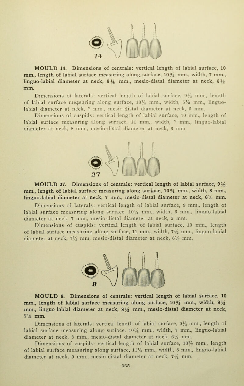 mm., length of labial surface measuring along surface, 10 94 mm., width, 7 mm., linguo-labial diameter at neck, 814 mm., mesio-distal diameter at neck, Q},2 mm. Dimensions of laterals: vertical length of labial surface, QVo mm., length of labial surface measuring along surface, IG^A mm., width, 5% mm., linguo- labial diameter at ndck, 7 mm., mesio-distal diameter at neck, 5 mm. Dimensions of cuspids: vertical length of labial surface, 10 mm., length of labial surface measuring along surface, 11 mm., width, 7 mm., linguo-labial diameter at neck, 8 mm., mesio-distal diameter at neck, 6 mm. MOULD 27. Dimensions of centrals: vertical length of labial surface, 91^ mm., length of labial surface measuring along suriace, 10 94 mm., width, 8 mm., linguo-labial diameter at neck, 7 mm., mesio-distal diameter at neck, 6V2 mm. Dimensions of laterals: vertical length of labial surface, 9 mm., length of labial surface measuring along surface, 10^/4 mm., width, 6 mm., linguo-labial diameter at neck, 7 mm., mesio-distal diameter at neck, 5 mm. Dimensions of cuspids: vertical length of labial surface, 10 mm., length of labial surface measuring along surface, 11 mm., width, 7% mm., linguo-labial diameter at neck, 7V2 mm. mesio-distal diameter at neck, 6% mm. MOULD 8. Dimensions of centrals: vertical length of labial surface, 10 mm., length of labial surface measuring along surface, 10 94 mm., width, 8}>^ mm., linguo-labial diameter at neck, 8^4 nim., mesio-distal diameter at neck, 7% mm. Dimensions of laterals: vertical length of labial surface, dVz mm., length of labial surface measuring along surface, 10^/4 mm., width, 7 mm., linguo-labial diameter at neck, 8 mm., mesio-distal diameter at neck, 6l^ mm. Dimensions of cuspids: vertical length of labial surface, IOV2 mm., length of labial surface measuring along surface, IVA mm., width, 8 mm., linguo-labial diameter at neck, 9 mm., mesio-distal diameter at neck, 7^^ mm.