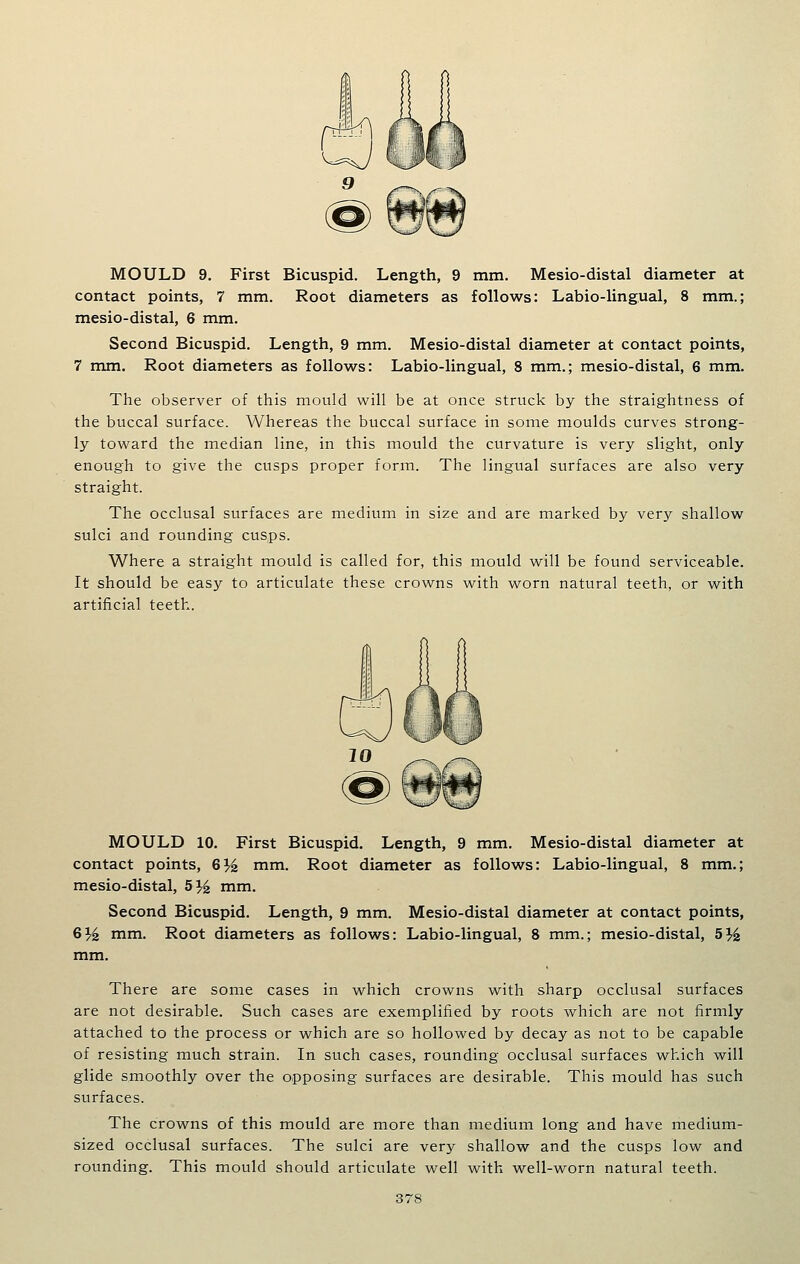 contact points, 7 mm. Root diameters as follows: Labio-lingual, 8 mm.; mesio-distal, 6 mm. Second Bicuspid. Length, 9 mm. Mesio-distal diameter at contact points, 7 mm. Root diameters as follows: Labio-lingual, 8 mm.; mesio-distal, 6 mm. The observer of this mould will be at once struck by the straightness of the buccal surface. Whereas the buccal surface in some moulds curves strong- ly toward the median line, in this mould the curvature is very slight, only enough to give the cusps proper form. The lingual surfaces are also very straight. The occlusal surfaces are medium in size and are marked by very shallow sulci and rounding cusps. Where a straight mould is called for, this mould will be found serviceable. It should be easy to articulate these crowns with worn natural teeth, or with artificial teeth. MOULD 10. First Bicuspid. Length, 9 mm. Mesio-distal diameter at contact points, 6^ mm. Root diameter as follows: Labio-lingual, 8 mm.; mesio-distal, 5}^ mm. Second Bicuspid. Length, 9 mm. Mesio-distal diameter at contact points, 61.^ mm. Root diameters as follows: Labio-lingual, 8 mm.; mesio-distal, 5^4 mm. There are some cases in which crowns with sharp occlusal surfaces are not desirable. Such cases are exemplified by roots which are not firmly attached to the process or which are so hollowed by decay as not to be capable of resisting much strain. In such cases, rounding occlusal surfaces which will glide smoothly over the opposing surfaces are desirable. This mould has such surfaces. The crowns of this mould are more than medium long and have medium- sized occlusal surfaces. The sulci are very shallow and the cusps low and rounding. This mould should articulate well with well-worn natural teeth.