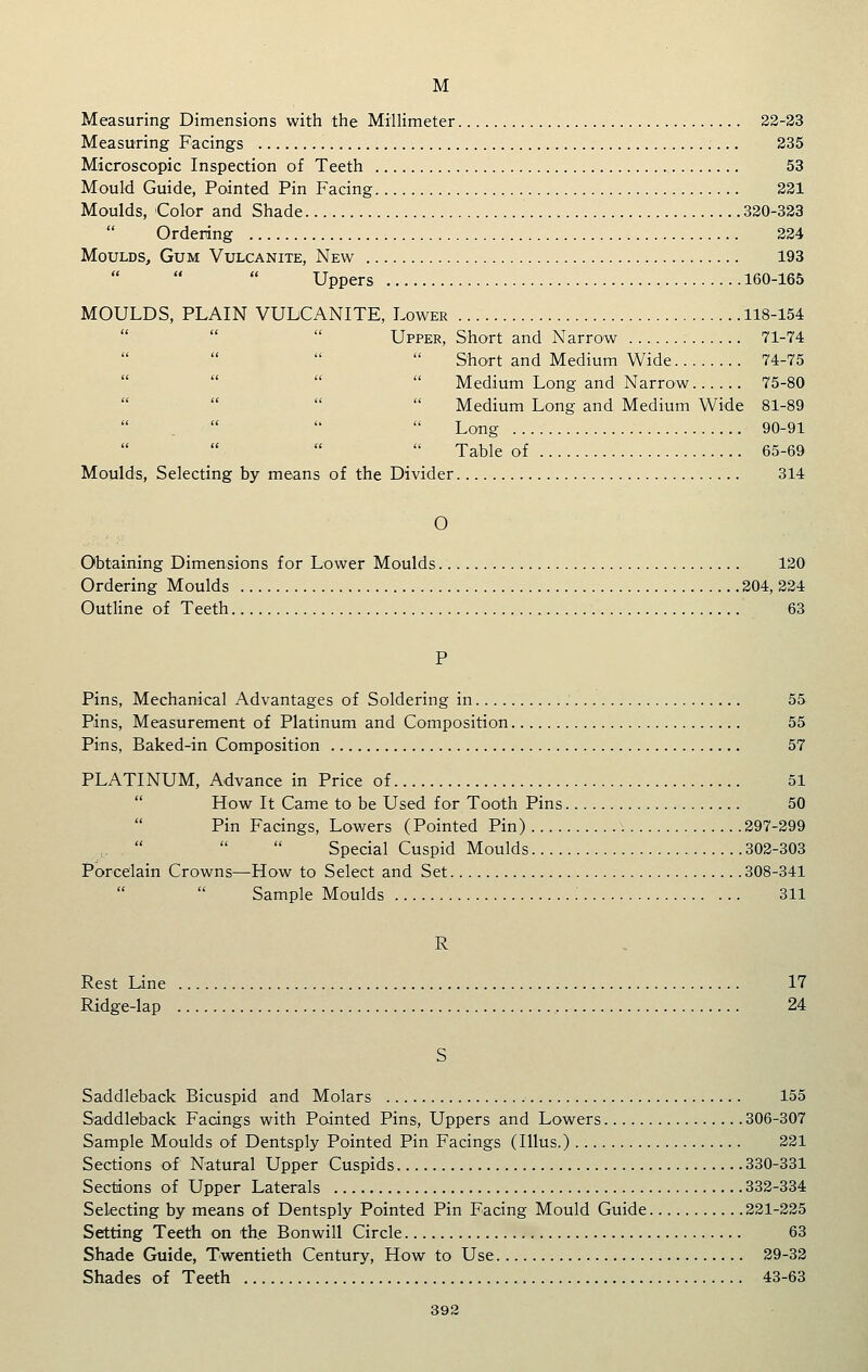 M Measuring Dimensions with tlie Millimeter 23-33 Measuring Facings 335 Microscopic Inspection of Teeth 53 Mould Guide, Pointed Pin Facing 231 Moulds, Color and Shade 320-323 Ordering 224 Moulds, Gum Vulcanite, New 193 Uppers 160-165 MOULDS, PLAIN VULCANITE, Lower 118-154    Upper, Short and Narrow 71-74    Short and Medium Wide 74-75     Medium Long and Narrow 75-80 Medium Long and Medium Wide 81-89 Long 90-91 Table of 65-69 Moulds, Selecting by means of the Divider 314 O Obtaining Dimensions for Lower Moulds 120 Ordering Moulds 204, 224 Outline of Teeth 63 Pins, Mechanical Advantages of Soldering in 55 Pins, Measurement of Platinum and Composition 55 Pins, Baked-in Composition 57 PLATINUM, Advance in Price of 51  How It Came to be Used for Tooth Pins 50 Pin Facings, Lowers (Pointed Pin) 297-299 ,.    Special Cuspid Moulds 302-303 Porcelain Crowns—How to Select and Set 308-341 Sample Moulds : 311 R Rest Line 17 Ridge-lap 24 Saddleback Bicuspid and Molars 155 Saddleback Facings with Painted Pins, Uppers and Lowers 306-307 Sample Moulds of Dentsply Pointed Pin Facings (lUus.) 221 Sections of Natural Upper Cuspids 330-331 Sections of Upper Laterals 332-334 Selecting by means of Dentsply Pointed Pin Facing Mould Guide 221-225 Setting Teeth on the Bonwill Circle 63 Shade Guide, Twentieth Century, How to Use 29-33 Shades of Teeth 43-63