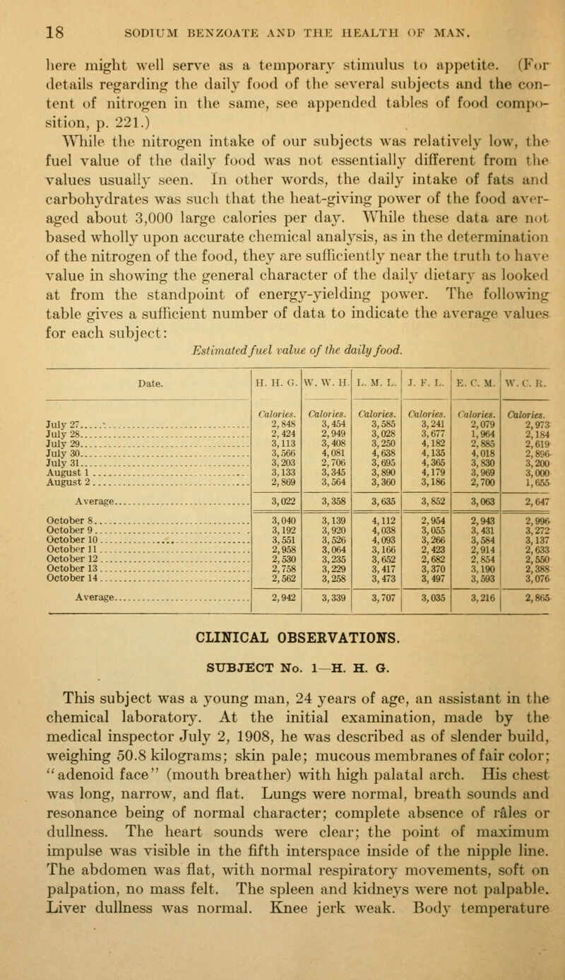 here might well serve as a temporary stimulus to appetite. (For details regarding the daily food of the several subjects and the con- tent of nitrogen in the same, see appended tables of food compo- sition, p. 221.) While the nitrogen intake of our subjects was relatively low, the fuel value of the daii}'- food was not essentially different from the values usually seen. In other words, the daily intake of fats and carbohydrates was such that the heat-giving power of the food aver- aged about 3,000 large calories per day. While these data are not based wholly upon accurate chemical anah^sis, as in the determination of the nitrogen of the food, they are sulHciently near the trutli to have value in showing the general character of the daily dietary as looked at from the standpomt of energy-yielding power. The following table gives a sufficient number of data to indicate the average values for each subject: Estimated fuel value of the daily food. Date. July 27 -... July 28 July 29 July 30 July 31 August 1 August 2 Average October 8 October 9 October 10 ... October 11... October 12 ... October 13... October 14... Average H. H. G. W. W. H. L. M. L. J. F. L. E. C. M. W. C. R Calories. 2,848 2,424 3,113 3,566 3,203 3,133 2,869 3,022 3,040 3,192 3,551 2,958 2,530 2,758 2,562 2,942 Calories. 3,454 2,949 3,408 4,081 2,706 3,345 3,564 3,358 3,139 3,920 3,526 3,064 3,235 3,229 3,258 3,339 Calories. 3,585 3,028 3,250 4,638 3,695 3,890 3,360 3,635 4,112 4,038 4,093 3,166 3,652 3,417 3,473 3,707 Calories. 3,241 3,677 4,182 4,135 4,365 4,179 3,186 3,852 2,954 3,055 3,266 2,423 2,682 3,370 3,497 3,035 Calories. 2,079 1,964 2,885 4,018 3,830 3,969 2,700 3,063 2,943 3,431 3,584 2,914 2,854 3,190 3,593 Calories. 2,973 2,184 2,619 2,896 3,200 3,000 1,65.5 2,647 2,996 3,272 3,137 2,633 2,550 2,388 3,076 3,216 2,86& CLINICAL OBSERVATIONS. SUBJECT No. 1—H. H. G. This subject was a young man, 24 years of age, an assistant in the chemical laborator}^. At the initial examination, made by the medical inspector July 2, 1908, he was described as of slender build, weighing 50.8 kilograms; skin pale; mucous membranes of fair color; adenoid face (mouth breather) ^vith high palatal arch. His chest was long, narrow, and flat. Lungs were normal, breath sounds and resonance being of normal character; complete absence of rales or dullness. The heart sounds were clear; the point of maximum impulse was visible in the fifth interspace inside of the nipple line. The abdomen was fiat, with normal respiratory movements, soft on palpation, no mass felt. The spleen and kidneys were not palpable. Liver dullness was normal. Knee jerk weak. Body temperature