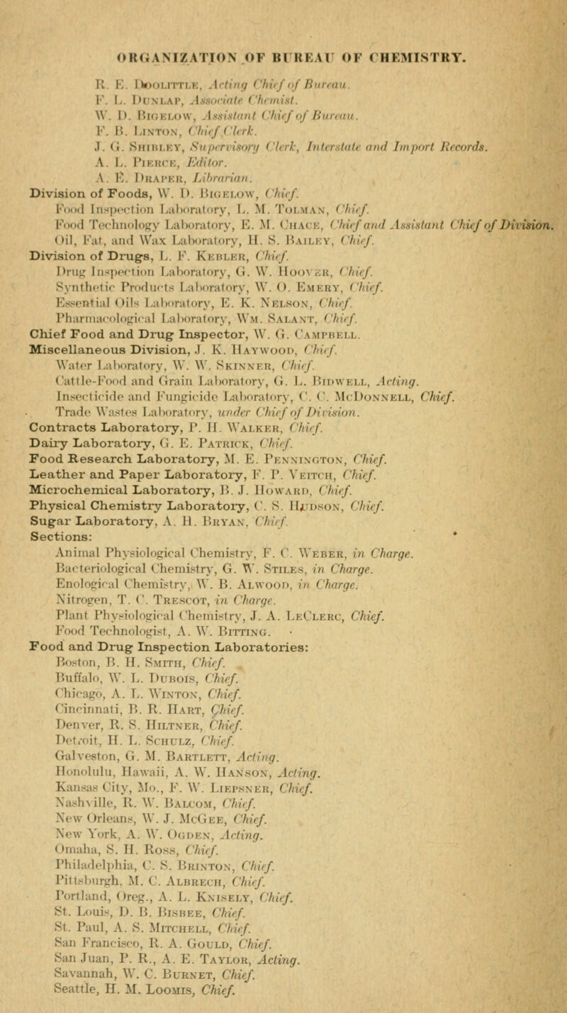 organization OF BUREAU OF CHEMISTBT. K P I Wmh i in i.. Acting ' % an P. I. I >i \i \r I -Cln mi.sl. \Y. I> Bioelow, Assistant Chief of Bureau. P. P. Linton, ('kief ' Ink. J. <i. SiiiiH.Kv. Supervisory Clerk, Interstate and Import Records. \ I I'll 1:1 r.. Editor. A P. I M;api k. Librarian. Division of Foods, W. h. Bioj LOW, ' fti /. Pood [nspection Laboratory, P. M. Tolman, Chief. Food Technology Laboratory, E. M. Chace, Chief and Assistant Chief of Division. <»iP Fat, and Wax Laboratory, IP S. Bailey, Ch\ Division of Drugs, P. F. Ki ni.1.1:, Chief. Drug [nspection Laboratory, G. W. Hoo^ sr, ( i ■ Synthetic Products Laboratory, W. 0. Emeby, Chief. Essential Oils Laboratory, E. K. Nelson, Chief Pharmacological Laboratory, Wm. Salant, Chief, Chief Food and Drug Inspector, W. G. Camfbeij Miscellaneous Division, .P K. Haywood, Chief. Water Laboratory, W. W, Skinner, Chief. Cattle-Food and Grain Laboratory, <P P. Bidwell, Acting. Insecticide and Fungicide Laboratory, C. C. McDonnell, Chief. Trade Wastes Laboratory, under Chief of Division. Contracts Laboratory, P. IP WALKER, Chief. Dairy Laboratoiy, < P E. Patrick, Chief. Food Research Laboratory, .M. E. Pennington, Chief. Leather and Paper Laboratoiy, I. P. \'i;it<ii. Chief. Microchemical Laboratory, B.J. Howard, Chief. Physical Chemistry Laboratoiy, < . S. ELjJDSON, Chief. Sugar Laboratory, A IP Bryan, i Sections: * Animal Physiological Chemistry, P. C. Weber, in Charge. Bacteriological Chemistry, G. W. Stiles, in Charge. Enological Chemistry, W. P>. Alwood, in Charge. Nitrogen, T. C. 'I'm scot, in Charge. Plan! Physiological Chemistry, J. A. LeClerc, Chief. Food Technologist, A. W. BrrriNO. Food and Drug Inspection Laboratories: Boston, P>. IP Smith, Chief. Buffalo, W. P. Drools, Chief Chicago, A. P. Winton, Chief. Cincinnati, B. R. IIaut, Chief Denver, IP S. Hiltner, ( hi, f. Detroit, IP P. Schulz, ('hief. G M. Bartlett, Acting. Honolulu, Hawaii, A. \V. Hanson, Acting. Kansas Gity, Mo., F. W. Liepsner, Chief. Nashville, IP W. Balcom, Chief. New (Orleans, W. J. M( ( Ike, ('hi, f. New York, A. W. Ooden, Acting. Omaha, S. IP Ross, CI Philadelphia, C. S. Brinton, Chief. Pittsburgh. M. C. Albrech, Chief. ■ , A. P. Knisely, Chief. St. Louis, I». P.. Bisbee, Chief. St. Paul, A. S. Mitchell, ( I San Francisco, R A < k>i ld, I San Juan, P. IP, A. P. Taylor, Acting. Savannah, W. C. Burnet, Chief. Seattle, II. M. Loomis, Chief.