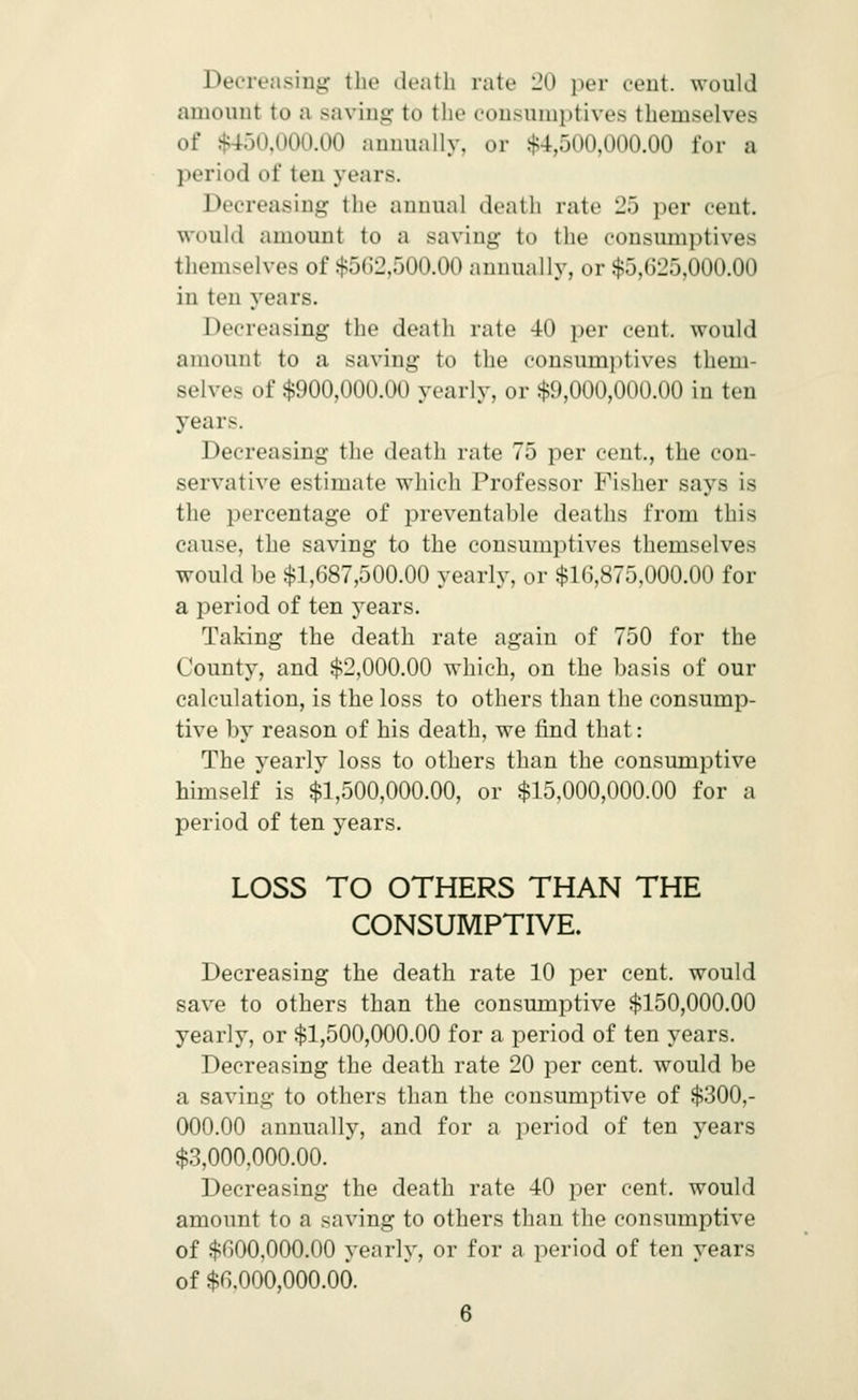 Deoreasiug the death rate 20 per cent, would amoimt to a saving to the eonsunii)tives themselves of ^30,000.00 nnimally, or $4,500,000.00 lor a period of ten years. Decreasing the annual death rate 25 per cent, would amount to a saving to the eonsmnptives themselves of $562,500.00 annually, or $5,625,000.00 in ten years. Decreasing the death rate 40 per cent, would amount to a saving to the consumptives them- selves of $900,000.00 yearly, or $9,000,000.00 in ten years. Decreasing the death rate 75 per cent., the con- servative estimate which Professor Fisher says is the percentage of preventable deaths from this cause, the saving to the consumj^tives themselves would be $1,687,500.00 yearly, or $16,875,000.00 for a period of ten years. Taking the death rate again of 750 for the County, and $2,000.00 which, on the basis of our calculation, is the loss to others than the consump- tive by reason of his death, we find that: The yearly loss to others than the consumptive himself is $1,500,000.00, or $15,000,000.00 for a period of ten years. LOSS TO OTHERS THAN THE CONSUMPTIVE. Decreasing the death rate 10 per cent, would save to others than the consumptive $150,000.00 yearly, or $1,500,000.00 for a period of ten years. Decreasing the death rate 20 per cent, would be a saving to others than the consumptive of $300,- 000.00 annually, and for a period of ten years $3,000,000.00. Decreasing the death rate 40 per cent, would amount to a saving to others than the consumptive of $600,000.00 yearly, or for a period of ten years of $6,000,000.00.