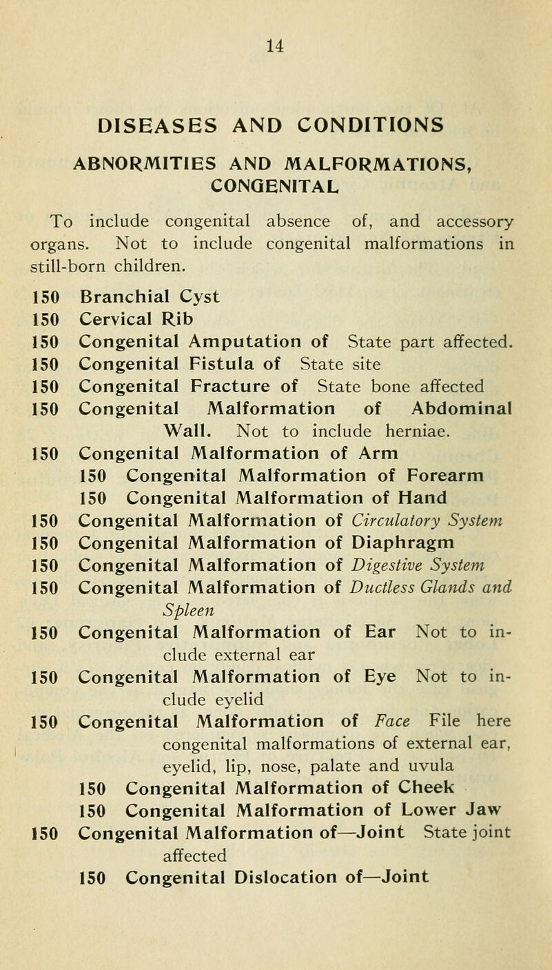 DISEASES AND CONDITIONS ABNORMITIES AND MALFORMATIONS, CONGENITAL To include congenital absence of, and accessory organs. Not to include congenital malformations in still-born children. 150 Branchial Cyst 150 Cervical Rib 150 Congenital Amputation of State part affected. 150 Congenital Fistula of State site 150 Congenital Fracture of State bone affected 150 Congenital Malformation of Abdominal Wall. Not to include herniae. 150 Congenital Malformation of Arm 150 Congenital Malformation of Forearm 150 Congenital Malformation of Hand 150 Congenital Malformation of Circulatory System 150 Congenital Malformation of Diaphragm 150 Congenital Malformation of Digestive System 150 Congenital Malformation of Ductless Glands and Spleen 150 Congenital Malformation of Ear Not to in- clude external ear 150 Congenital Malformation of Eye Not to in- clude eyelid 150 Congenital Malformation of Face File here congenital malformations of external ear, eyelid, lip, nose, palate and uvula 150 Congenital Malformation of Cheek 150 Congenital Malformation of Lower Jaw 150 Congenital Malformation of—Joint State joint affected 150 Congenital Dislocation of—Joint