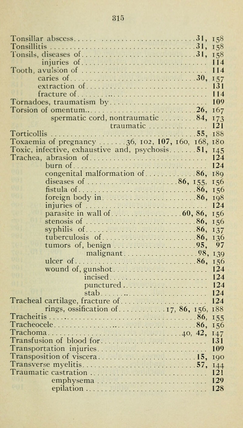 Tonsillar abscess 31, Tonsillitis 31, Tonsils, diseases of 31, injuries ot Tooth, avulsion of caries of 30, extraction of fracture of Tornadoes, traumatism by Torsion of omentum 26, spermatic cord, nontraumatic 84, traumatic Torticollis 55, Toxaemia of pregnancy 36, 102, 107, 160, 168, Toxic, infective, exhaustive and, psychosis 51, Trachea, abrasion of burn of congenital malformation of 86, diseases of 86, 155, fistula of 86, foreign body in 86, injuries of parasite in wall of 60, 86, stenosis of 86, syphilis of 86, tuberculosis of 86, tumors of, benign 95, malignant 98, ulcer of 86, wound of, gunshot incised punctured stab Tracheal cartilage, fracture of rings, ossification of 17, 86, 156, Tracheitis 86, Tracheocele 86, Trachoma 40, 42, Transfusion of blood for Transportation injuries Transposition of viscera 15, Transverse myelitis 57, Traumatic castration emphysema epilation