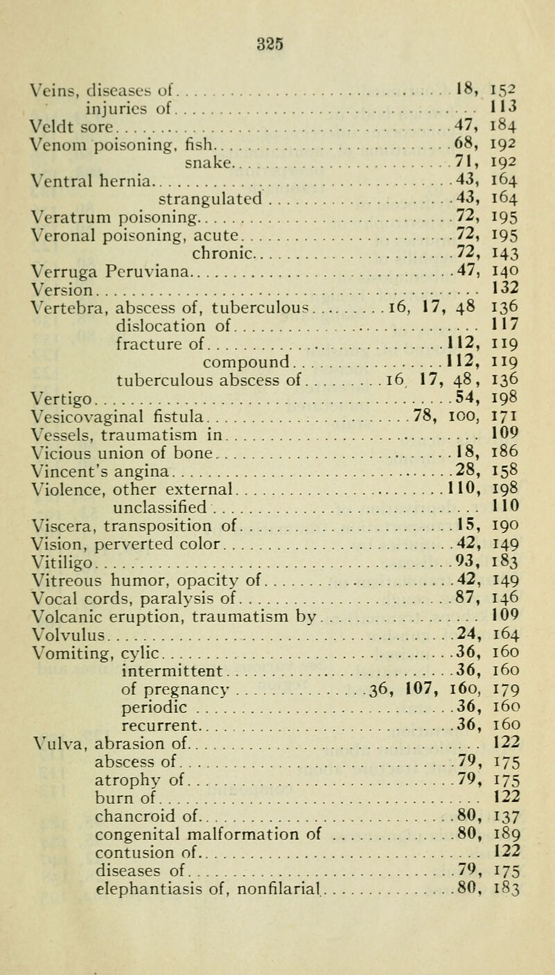 \'cins, diseases of 18, injuries of Veldt sore 47, Venom poisoning, fish 68, snake 71, Ventral hernia 43, strangulated 43, Veratrum poisoning 72, Veronal poisoning, acute 72, chronic 72, Verruga Peruviana 47, Version \'ertebra, abscess of, tuberculous i6, 17, 48 dislocation of fracture of 112, compound 112, tuberculous abscess of 16 17, 48 , Vertigo 54, Vesicovaginal fistula 78, 100, Vessels, traumatism in X'icious union of bone 18, Vincent's angina 28, Violence, other external 110, unclassified Viscera, transposition of 15, Vision, perverted color 42, Vitiligo 93, Vitreous humor, opacity of 42, Vocal cords, paralysis of 87, Volcanic eruption, traumatism by Volvulus 24, Vomiting, cylic 36, intermittent 36, of pregnancy 36, 107, 160, periodic 36, recurrent 36, \'ulva, abrasion of abscess of 79, atrophy of 79, burn of chancroid of 80, congenital malformation of 80, contusion of diseases of 79, elephantiasis of, nonfilarial. 80,