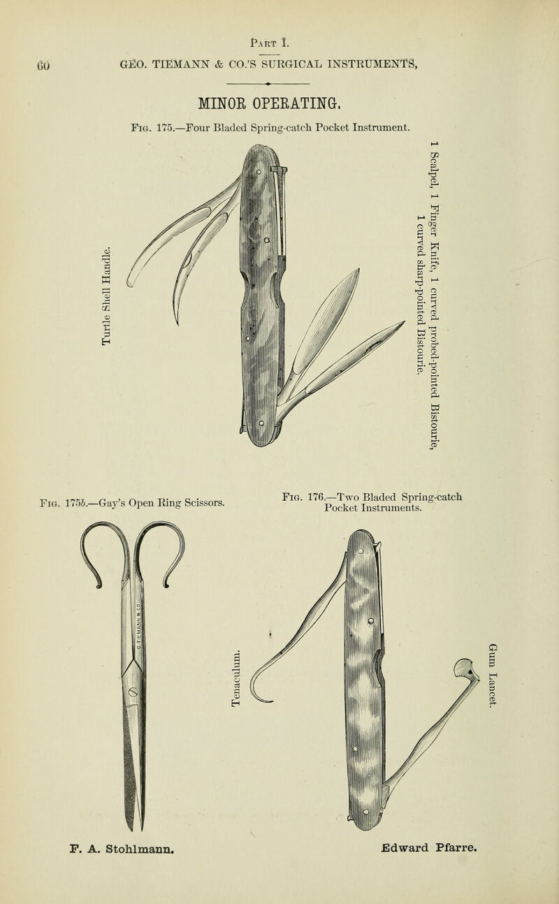 MINOE OPEEATING. Fig. 175.—Four Bladed Spring-catch Pocket Instrument. M Fig. 175J.—Gay's Open Ring Scissors. Fig. 176.—Two Bladed Spring-catch Pocket Instruments.