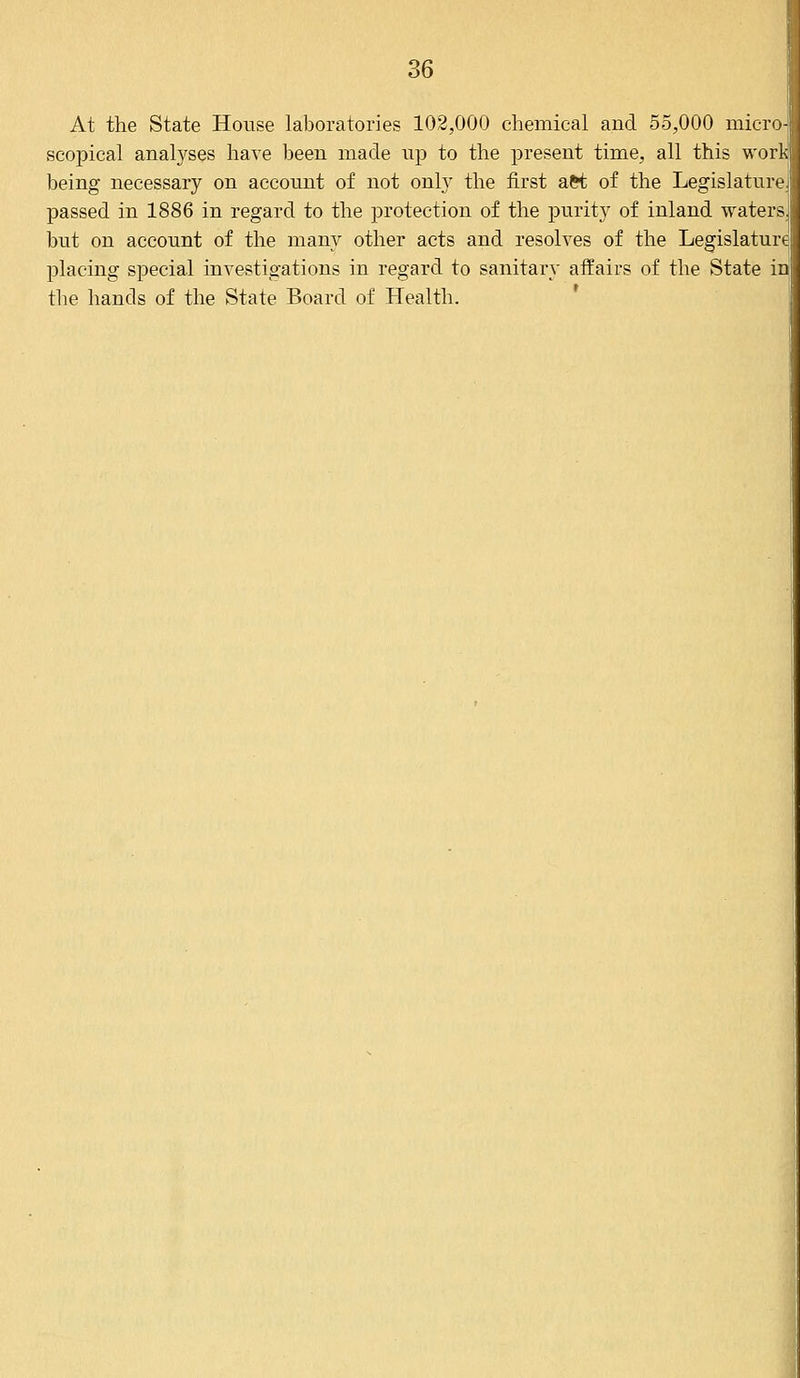 At the State House laboratories 102,000 chemical and 55,000 micro- scopical analyses have been made up to the present time, all this work being necessary on account of not only the first a&t of the Legislature, passed in 1886 in regard to the protection of the purity of inland waters. but on account of the many other acts and resolves of the Legislature placing special investigations in regard to sanitary affairs of the State in the hands of the State Board of Health.