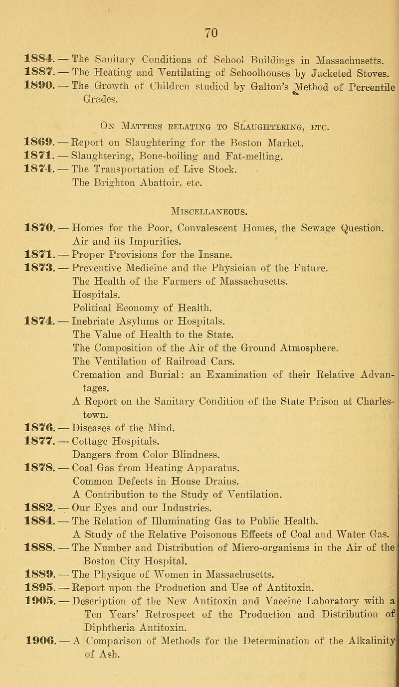 1884. — The Sanitary Conditions of School Buildings in Massachusetts. 1887. — The Heating and Ventilating of Schoolhouses by Jacketed Stoves. 1890. — The Growth of Children studied by Galton's Method of Percentile Grades. On Matters relating to Slaughtering, etc. 1869. — Report on Slaughtering for the Boston Market. 1871. — Slaughtering, Bone-boiling and Fat-melting. 1874. — The Transportation of Live Stock. The Brighton Abattoir, etc. Miscellaneous. 1870. — Homes for the Poor, Convalescent Homes, the Sewage Question. Air and its Impurities. 1871. — Proper Provisions for the Insane. 1873. — Preventive Medicine and the Physician of the Future. The Health of the Farmers of Massachusetts. Hospitals. Political Economy of Health. 1874. — Inebriate Asylums or Hospitals. The Value of Health to the State. The Composition of the Air of the Ground Atmosphere. The Ventilation of Railroad Cars. Cremation and Burial: an Examination of their Relative Advan- tages. A Report on the Sanitary Condition of the State Prison at Charles- town. 1876. — Diseases of the Mind. 1877.— Cottage Hospitals. Dangers from Color Blindness. 1878. — Coal Gas from Heating Apparatus. Common Defects in House Drains. A Contribution to the Study of Ventilation. 1882. — Our Eyes and our Industries. 1884. — The Relation of Illuminating Gas to Public Health. A Study of the Relative Poisonous Effects of Coal and Water Gas. 1888. — The Number and Distribution of Micro-organisms in the Air of the I Boston City Hospital. 1889. — The Physique of Women in Massachusetts. 1895. — Report upon the Production and Use of Antitoxin. 1905. — Description of the New Antitoxin and Vaccine Laboratory with a Ten Years' Eetrospect of the Production and Distribution of Diphtheria Antitoxin. 1906. — A Comparison of Methods for the Determination of the Alkalinity) of Ash.