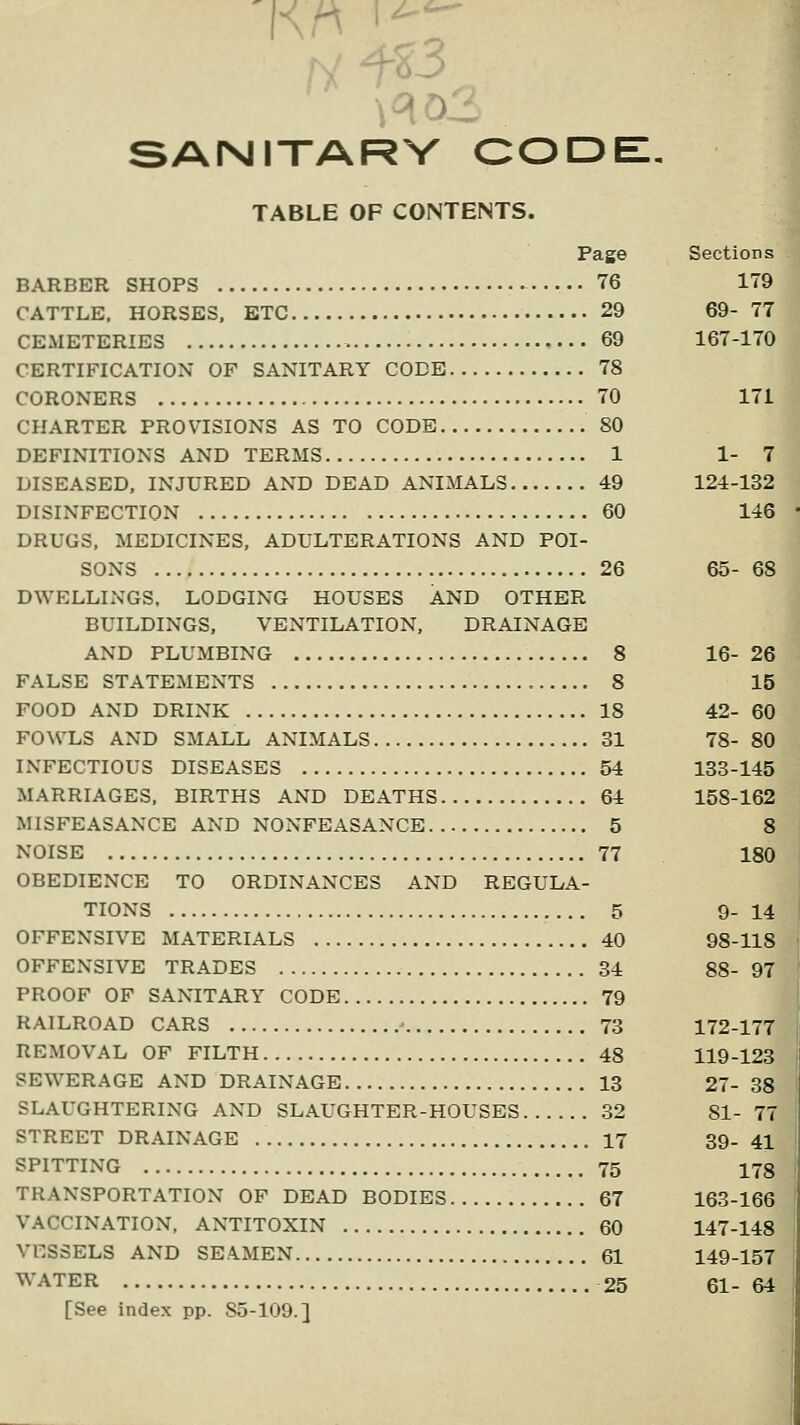 KM i^ SANITARY CODE. TABLE OF CONTENTS. Page BARBER SHOPS 76 CATTLE, HORSES, ETC 29 CEMETERIES 69 CERTIFICATION OF SANITARY CODE 78 CORONERS 70 CHARTER PROVISIONS AS TO CODE 80 DEFINITIONS AND TERMS 1 DISEASED, INJURED AND DEAD ANIMALS 49 DISINFECTION 60 DRUGS, MEDICINES, ADULTERATIONS AND POI- SONS 26 65- DWELLINGS, LODGING HOUSES AND OTHER BUILDINGS, VENTILATION, DRAINAGE AND PLUMBING 8 16- FALSE STATEMENTS 8 FOOD AND DRINK 18 42- FOWLS AND SMALL ANIMALS 31 78- INFECTIOUS DISEASES 54 133- MARRIAGES, BIRTHS AND DEATHS 64 158- MISFEASANCE AND NONFEASANCE 5 NOISE 77 OBEDIENCE TO ORDINANCES AND REGULA- TIONS 5 OFFENSIVE MATERIALS 40 OFFENSIVE TRADES 34 PROOF OF SANITARY CODE 79 RAILROAD CARS • 73 REMOVAL OF FILTH 48 SEWERAGE AND DRAINAGE 13 SLAUGHTERING AND SLAUGHTER-HOUSES 32 STREET DRAINAGE 17 SPITTING 75 TRANSPORTATION OF DEAD BODIES 67 VACCINATION, ANTITOXIN 60 VESSELS AND SEAMEN 61 WATER 25 [See index pp. 85-109.]