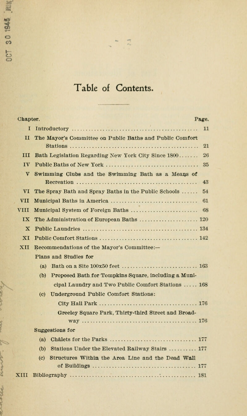 o o Table of Contents. Chapter. Page. I Introductory 11 II The Mayor's Committee on Public Baths and Public Comfort Stations 21 III Bath Legislation Regarding New York City Since 1800 26 IV Public Baths of New York 35 V Swimming Clubs and the Swimming Bath as a Meaijs of Recreation 43 VI The Spray Bath and Spray Baths in the Public Schools 54 VII Municipal Baths in America 61 VIII Municipal System of Foreign Baths 68 IX The Administration of European Baths 120 X Public Laundries 134 XI Public Comfort Stations 142 XII Recommendations of the Mayor's Committee:— Plans and Studies for (a) Bath on a Site 100x50 feet 163 (b) Proposed Ba;th for Tompkins Squaxe, Including a Muni- cipal Laundry and Two Public Comfort Stations 168 (c) Underground Public Comfort Stations: City Hall Park 176 Greeley Square Park, Thirty-third Street and Broad- way ITG Suggestions for (a) Chalets for the Parks 177 (b) Stations Under the Elevated Railway Stairs 177 (c) Structures Within the Area Line and the Dead Wall of Buildings 177 XIII Bibliography •. 181