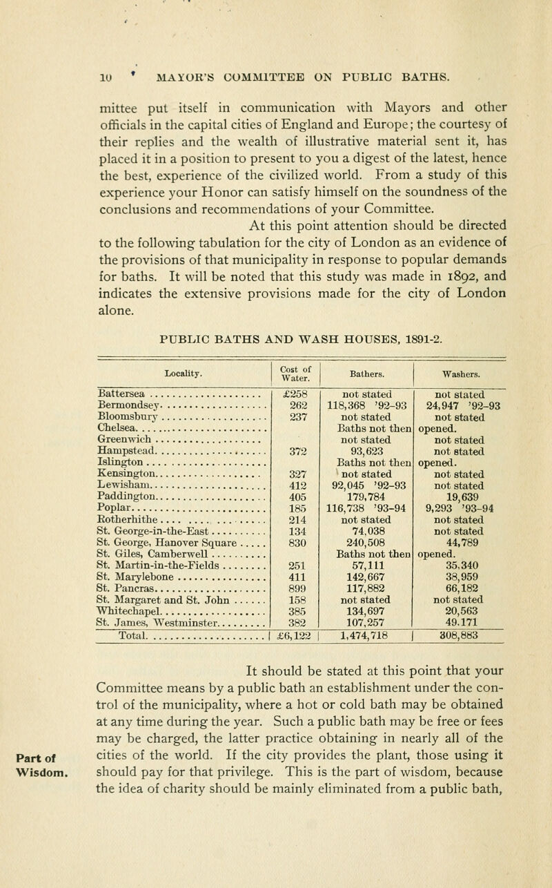 mittee put itself in communication with Mayors and other officials in the capital cities of England and Europe; the courtesy of their replies and the wealth of illustrative material sent it, has placed it in a position to present to you a digest of the latest, hence the best, experience of the civilized world. From a study of this experience your Honor can satisfy himself on the soundness of the conclusions and recommendations of your Committee. At this point attention should be directed to the following tabulation for the city of London as an evidence of the provisions of that municipality in response to popular demands for baths. It will be noted that this study was made in 1892, and indicates the extensive provisions made for the city of London alone. PUBLIC BATHS AND WASH HOUSES, 1891-2. Locality. Cost of Water. Bathers. Washers. Batt€rsea Bermondsey Bloomsbury Chelsea Greenwich Hampstead Islington Kensington , Lewisham Paddington , Poplar Eotherhithe ■ St. George-in-the-East St. George, Hanover Square St. Giles, Camberwell St. Martin-in-the-Fields ... St. Maiylebone , St. Pancras , St. Margaret and St. John . Whitechapel , St. .James, Westminster...., £258 262 237 372 327 412 405 185 214 134 830 251 411 899 158 385 382 not stated 118,368 '92-93 not stated Baths not then not stated 93,623 Baths not then ' not stated 92,045 '92-93 179,784 116,738 '93-94 not stated 74,038 240,508 Baths not then 57,111 142,667 117,882 not stated 134,697 107,257 not stated 24,947 '92-93 not stated opened, not stated not stated opened. not stated not stated 19,639 9,293 '93-94 not stated not stated 44,789 opened. 35,340 38,959 66,182 not stated 20,563 49.171 Total I £6,122 1,474,718 308,883 Part of Wisdom. It should be stated at this point that your Committee means by a public bath an establishment under the con- trol of the municipality, where a hot or cold bath may be obtained at any time during the year. Such a public bath may be free or fees may be charged, the latter practice obtaining in nearly all of the cities of the world. If the city provides the plant, those using it should pay for that privilege. This is the part of wisdom, because the idea of charity should be mainly eliminated from a public bath,