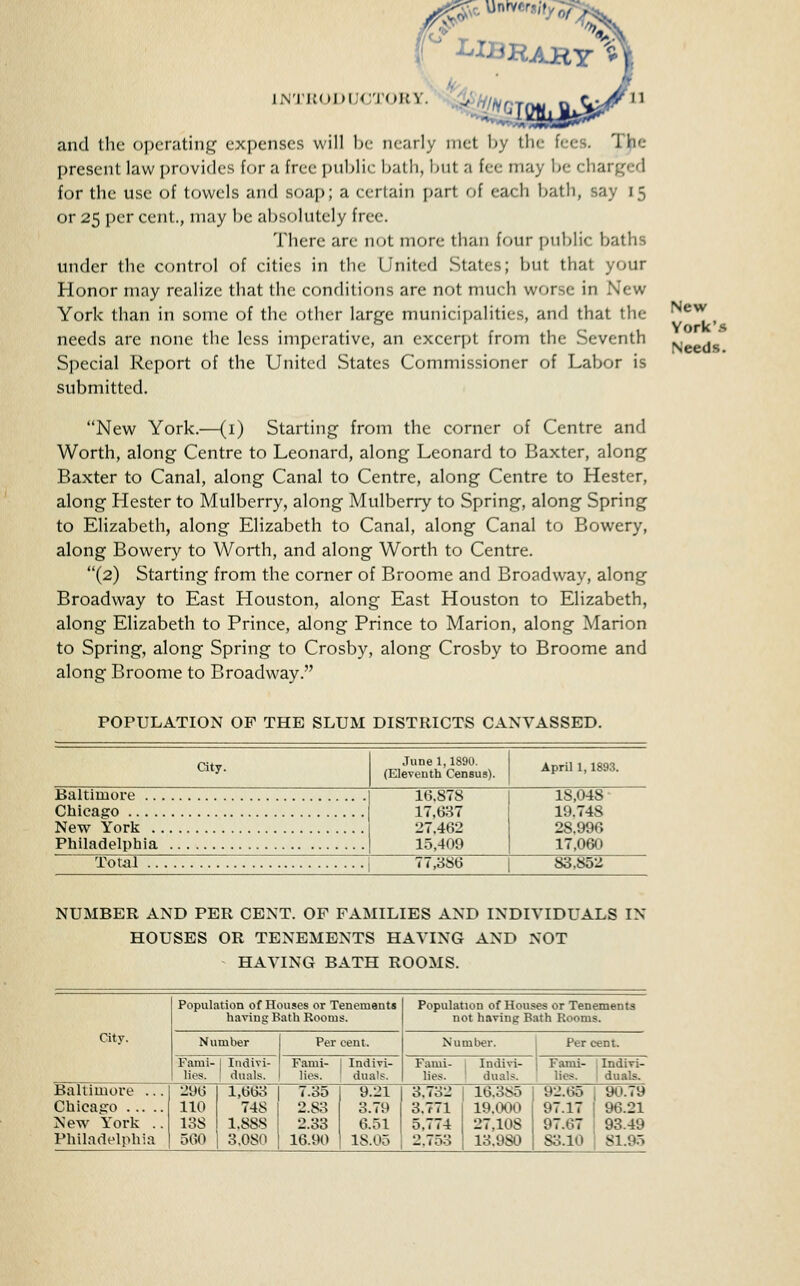 and the ojjcrating expenses will he lu-arly met by the fees. Tlpe present law provides for a free public bath, but a fee may be charged for the use of towels and soap; a certain part of each bath, say 15 or 25 per cent., may be absolutely free. There are not more than ffjur public baths under the control of cities in the United States; but that your Honor may realize that the conditions are not much worse in New York than in some of the other large municipalities, and that the needs are none the less imperative, an excerpt from the Seventh Special Report of the United States Commissioner of Labor is submitted. New York.—(i) Starting from the corner of Centre and Worth, along Centre to Leonard, along Leonard to Baxter, along Baxter to Canal, along Canal to Centre, along Centre to Hester, along Hester to Mulberry, along Mulberry to Spring, along Spring to Elizabeth, along Elizabeth to Canal, along Canal to Bowery, along Bowery to Worth, and along Worth to Centre. (2) Starting from the corner of Broome and Broadway, along Broadway to East Houston, along East Houston to Elizabeth, along Elizabeth to Prince, along Prince to Marion, along Marion to Spring, along Spring to Crosby, along Crosby to Broome and along Broome to Broadway. New York's Need.s. POPULATION OF THE SLUM DISTRICTS CANVASSED. at J. June 1,1890. (Eleventh Census). April 1,1893. Baltimore 16.878 1 18,048 Chicago 17,637 ' 19.748 New Yorli 27.462 28.996 Philadelptiia 15,409 17,060 Total 77,386 83,852 NUMBER AND PER CENT. OF FAMILIES AND INDIVIDUALS IN HOUSES OR TENEMENTS HAVING AND NOT HAVING BATH ROOMS. Population of Houses or Tenements having Bath Rooms. Population of Houses or Tenements not having Bath Rooms. City. Number Per cent. Number. Per cent. Fami- 1 ludivi- lies. [ duals. Fami- lies. Indivi- duals. Fami- i Indivi- j Fami- Indivi- lies. ' duals. lies. duals. Baltimore ... Chicago New York .. 296 110 138 1,663 7.35 748 2.83 1.888 2.33 9.21 3.79 6.51 3.732 1 16.385 j 92.65 \ 90.79 3.771 19.000 97.17 | 96.21 5,774 27,108 97.67 93.49