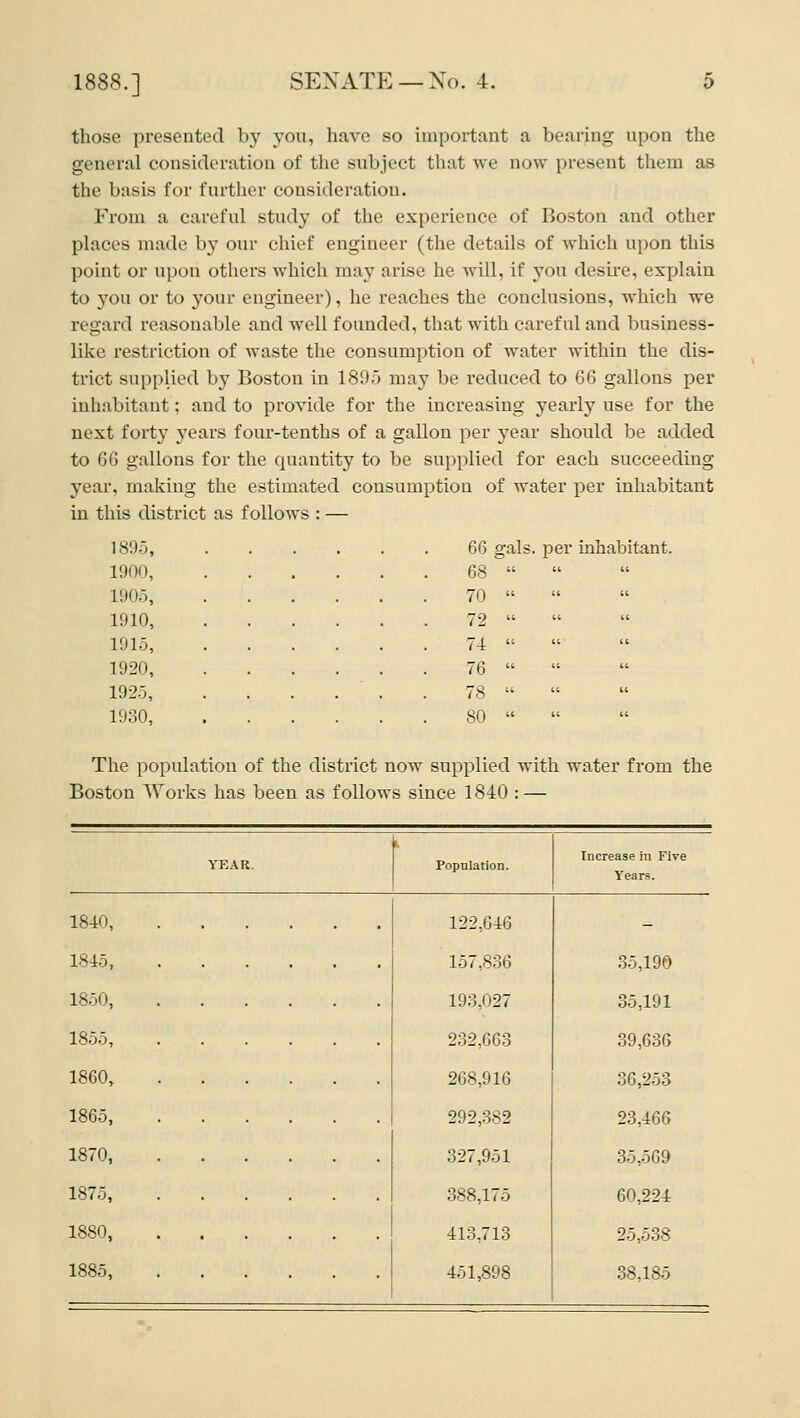 those presented by you, have so important a bearing upon the general consideration of the subject that we now present them as the basis for fui-ther consideration. From a careful study of the experience of Boston and other places made by our chief engineer (the details of which upon this point or upon others which may arise he will, if you desire, explain to you or to your engineer), he reaches the conclusions, which we regard reasonable and well founded, that with careful and business- like restriction of Avaste the consumption of water withiu the dis- trict supplied by Boston in 1895 may be reduced to 66 gallons per inhabitant; and to provide for the increasing yearly use for the next forty years four-tenths of a gallon per year should be added to 6Q gallons for the quantity to be supplied for each succeeding year, making the estimated consumption of water per inhabitant in this district as follows : — 1895, 66 gals, per inhabitant 1900, 68 1905, 70 1910, 72 1915, 74 ''■ 1920, 76 1925, 78 1930, 80 The population of the district now supplied with water from the Boston Works has been as follows since 1840 : — YEAR. •- Population. Increase in Five Years. 1840, 122,646 - 1845, 157,836 35,190 1850, 193,027 35,191 1855, 232,663 39,636 1860, 268,916 36,253 1865, 292,382 23,466 1870, 327,951 35,569 1875, 388,175 60,224 1880, 413,713 25,538 1885, 451,898 38,185