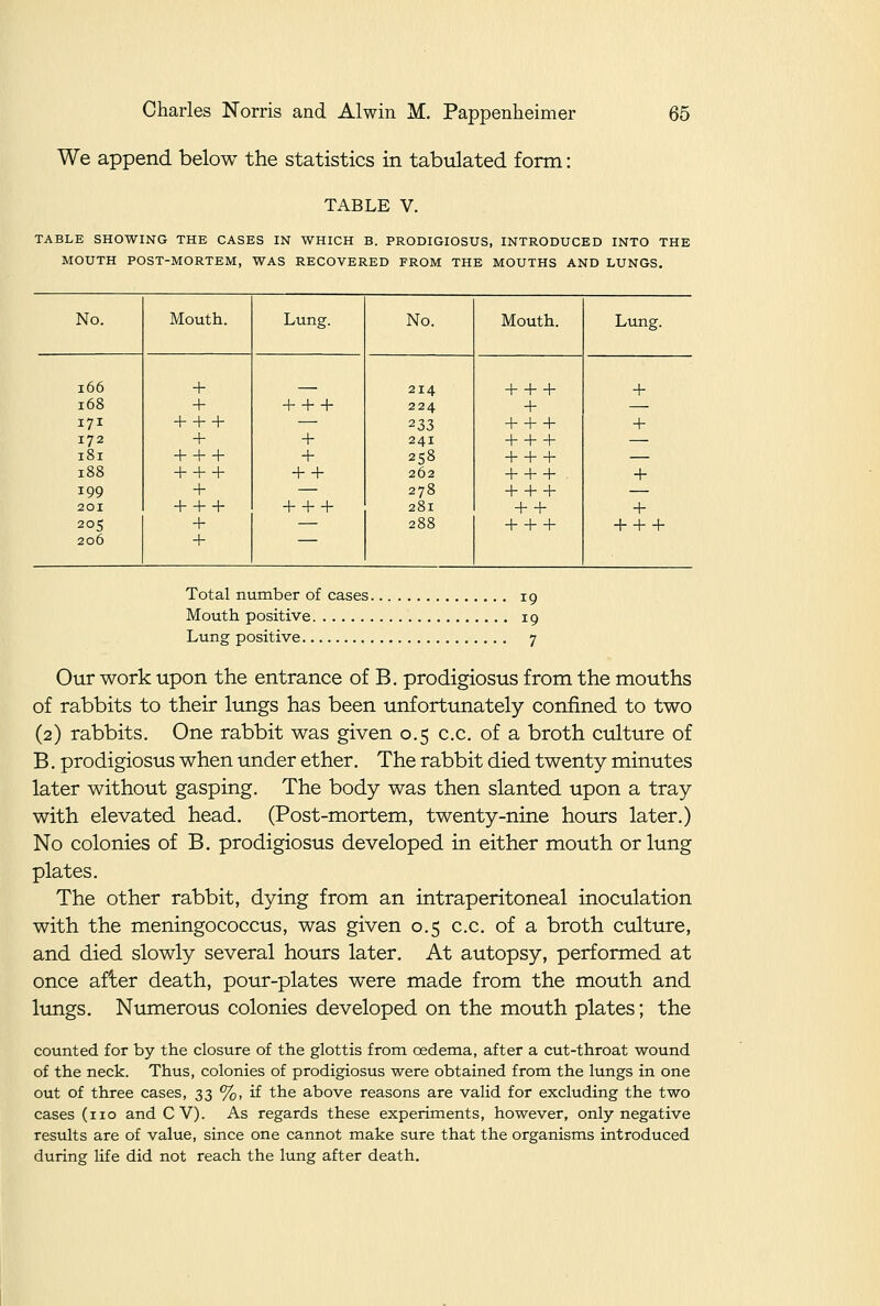 We append below the statistics in tabulated form: TABLE V. TABLE SHOWING THE CASES IN WHICH B. PRODIGIOSUS, INTRODUCED INTO THE MOUTH POST-MORTEM, WAS RECOVERED FROM THE MOUTHS AND LUNGS. No. Mouth. Lung. No. Mouth. Lung. i66 + 214 + + + + i68 + + + + 224 + — 171 + + + — 233 + + + + 172 + + 241 + + + — 181 + + + + 258 + + + — 188 + + + + + 262 + + + + 199 + — 278 + + + — 201 + + + + + + 281 + + + 205 + — 288 + + + + + + 206 + Total number of cases 19 Mouth positive 19 Lung positive 7 Oiir work upon the entrance of B. prodigiosus from the mouths of rabbits to their lungs has been unfortunately confined to two (2) rabbits. One rabbit was given 0.5 c.c. of a broth culture of B. prodigiosus when under ether. The rabbit died twenty minutes later without gasping. The body was then slanted upon a tray with elevated head. (Post-mortem, twenty-nine hours later.) No colonies of B. prodigiosus developed in either mouth or lung plates. The other rabbit, dying from an intraperitoneal inoculation with the meningococcus, was given 0.5 c.c. of a broth culture, and died slowly several hours later. At autopsy, performed at once aiier death, pour-plates were made from the mouth and lungs. Numerous colonies developed on the mouth plates; the counted for by the closure of the glottis from oedema, after a cut-throat wound of the neck. Thus, colonies of prodigiosus were obtained from the lungs in one out of three cases, 33 %, if the above reasons are valid for excluding the two cases (no andCV). As regards these experiments, however, only negative results are of value, since one cannot make sure that the organisms introduced during life did not reach the lung after death.