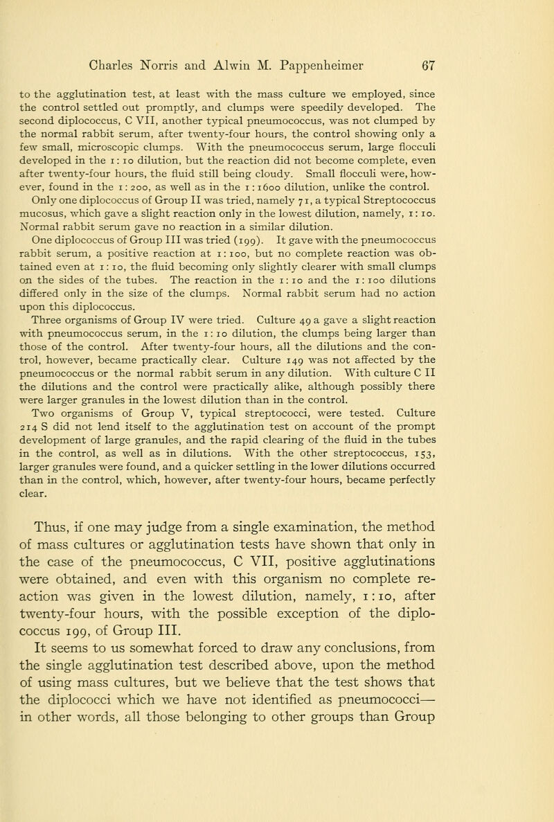 to the agglutination test, at least with the mass culttire we employed, since the control settled out promptly, and clumps were speedily developed. The second diplococcus, C VII, another typical pneumococcus, was not clumped by the normal rabbit serum, after twenty-four hours, the control showing only a few small, microscopic clumps. With the pneumococcus serum, large fiocculi developed in the i: lo dilution, but the reaction did not become complete, even after twenty-four hours, the fluid still being cloudy. Small fiocculi were, how- ever, found in the i: 200, as well as in the i: 1600 dilution, unlike the control. Only one diplococcus of Group II was tried, namely 71, a typical Streptococcus mucosus, which gave a slight reaction only in the lowest dilution, namely, i: 10. Normal rabbit serum gave no reaction in a similar dilution. One diplococcus of Group III was tried (199). It gave with the pneumococcus rabbit serum, a positive reaction at i: 100, but no complete reaction was ob- tained even at 1:10, the fluid becoming only slightly clearer with small clumps on the sides of the tubes. The reaction in the i: 10 and the i: 100 dilutions differed only in the size of the clumps. Normal rabbit serum had no action upon this diplococcus. Three organisms of Group IV were tried. Culture 49 a gave a slight reaction with pneumococcus serum, in the i: 10 dilution, the clumps being larger than those of the control. After twenty-fotir hotirs, all the dilutions and the con- trol, however, became practically clear. Culture 149 was not affected by the pneumococcus or the normal rabbit serum in any dilution. With culture C II the dilutions and the control were practically alike, although possibly there were larger granules in the lowest dilution than in the control. Two organisms of Group V, typical streptococci, were tested. Culture 214 S did not lend itself to the agglutination test on account of the prompt development of large granules, and the rapid clearing of the fluid in the tubes in the control, as well as in dilutions. With the other streptococcus, 153, larger granules were found, and a quicker settling in the lower dilutions occurred than in the control, which, however, after twenty-fovir hours, became perfectly clear. Thus, if one may judge from a single examination, the method of mass cultures or agglutination tests have shown that only in the case of the pneumococcus, C VII, positive agglutinations were obtained, and even with this organism no complete re- action was given in the lowest dilution, namely, i: 10, after twenty-four hours, with the possible exception of the diplo- coccus 199, of Group III. It seems to us somewhat forced to draw any conclusions, from the single agglutination test described above, upon the method of using mass cultures, but we believe that the test shows that the diplococci which we have not identified as pneumococci— in other words, all those belonging to other groups than Group