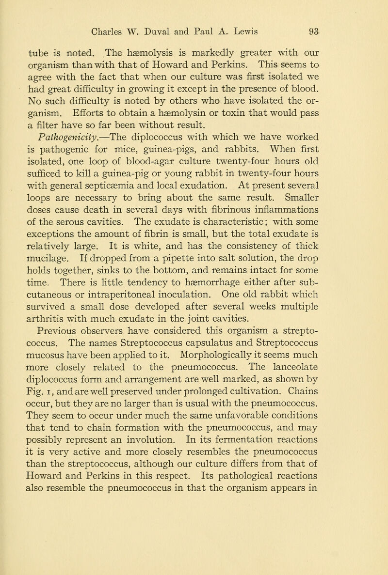 tube is noted. The haemolysis is markedly greater with our organism than with that of Howard and Perkins. This seems to agree with the fact that when our culture was first isolated we had great difficulty in growing it except in the presence of blood. No such difficulty is noted by others who have isolated the or- ganism. Efforts to obtain a haemolysin or toxin that would pass a filter have so far been without result. Pathogenicity.—The diplococcus with which we have worked is pathogenic for mice, guinea-pigs, and rabbits. When first isolated, one loop of blood-agar culture twenty-four hours old sufficed to kill a guinea-pig or yotuig rabbit in twenty-four hours with general septicemia and local exudation. At present several loops are necessary to bring about the same result. Smaller doses cause death in several days with fibrinous inflammations of the serous cavities. The exudate is characteristic; with some exceptions the amotrnt of fibrin is small, but the total exudate is relatively large. It is white, and has the consistency of thick mucilage. If dropped from a pipette into salt solution, the drop holds together, sinks to the bottom, and remains intact for some time. There is little tendency to hsemorrhage either after sub- cutaneous or intraperitoneal inoculation. One old rabbit which survived a small dose developed after several weeks multiple arthritis with much exudate in the joint cavities. Previous observers have considered this organism a strepto- coccus. The names Streptococcus capsulatus and Streptococcus mucosus have been applied to it. Morphologically it seems much more closely related to the pneumococcus. The lanceolate diplococcus form and arrangement are well marked, as shown by Fig. I, and are well preserved under prolonged cultivation. Chains occur, but they are no larger than is usual with the pneumococcus. They seem to occur under much the same unfavorable conditions that tend to chain formation with the pneumococcus, and may possibly represent an involution. In its fermentation reactions it is very active and more closely resembles the pneumococcus than the streptococcus, although our culture differs from that of Howard and Perkins in this respect. Its pathological reactions also resemble the pneumococcus in that the organism appears in