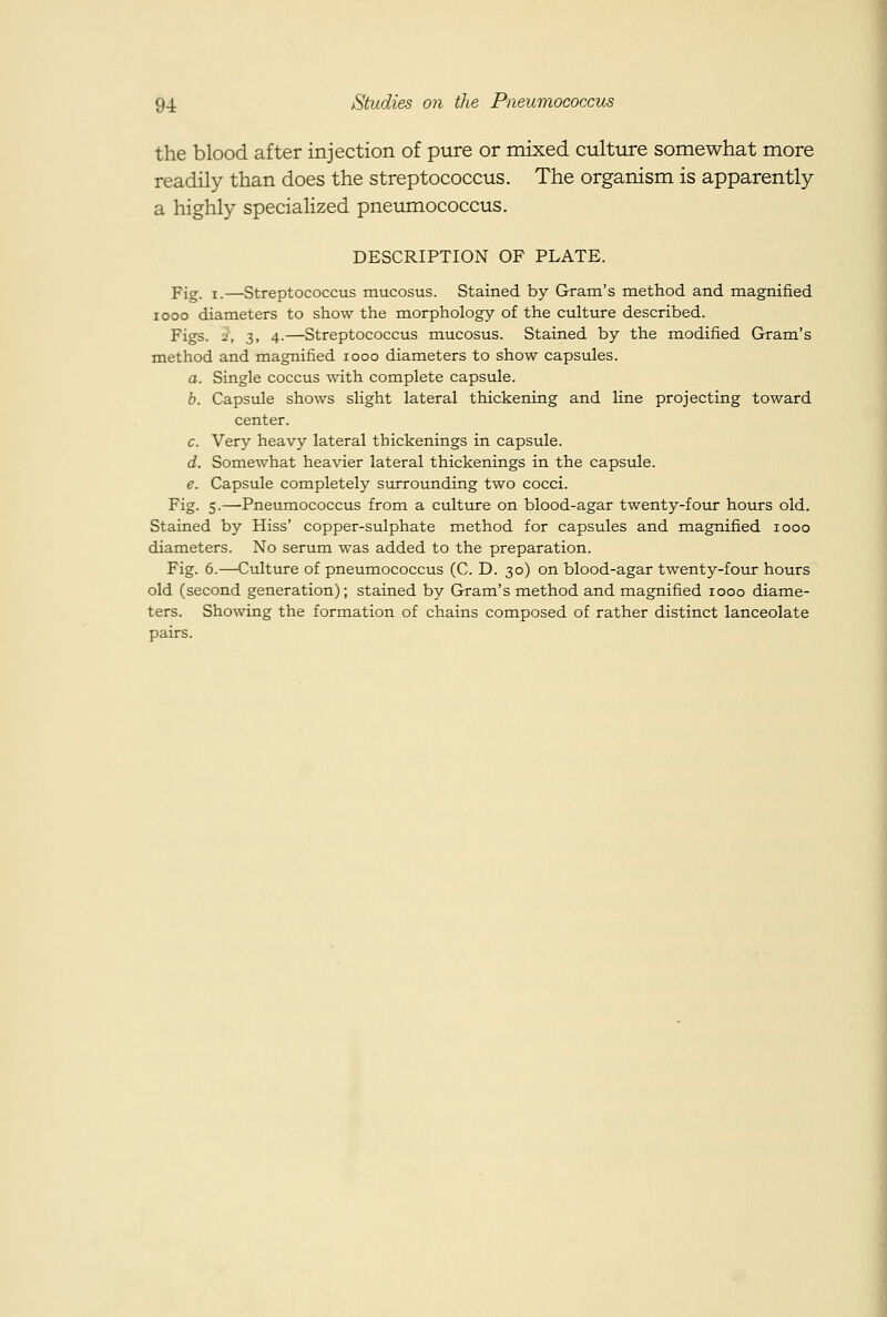the blood after injection of pure or mixed culture somewhat more readily than does the streptococcus. The organism is apparently a highly specialized pneumococcus. DESCRIPTION OF PLATE. Fig. I.—Streptococcus mucosus. Stained by Gram's method and magnified looo diameters to show the morphology of the culture described. Figs. 2, 3, 4.—Streptococcus mucosus. Stained by the modified Gram's method and magnified 1000 diameters to show capsules. a. Single coccus with complete capsule. b. Capsule shows slight lateral thickening and line projecting toward center. c. Very heavy lateral thickenings in capsule. d. Somewhat heavier lateral thickenings in the capsule. e. Capsule completely surrounding two cocci. Fig. 5.—Pneumococcus from a culture on blood-agar twenty-four hours old. Stained by Hiss' copper-sulphate method for capsules and magnified 1000 diameters. No serum was added to the preparation. Fig. 6.—Culture of pneumococcus (C. D. 30) on blood-agar twenty-four hours old (second generation); stained by Gram's method and magnified 1000 diame- ters. Showing the formation of chains composed of rather distinct lanceolate pairs.
