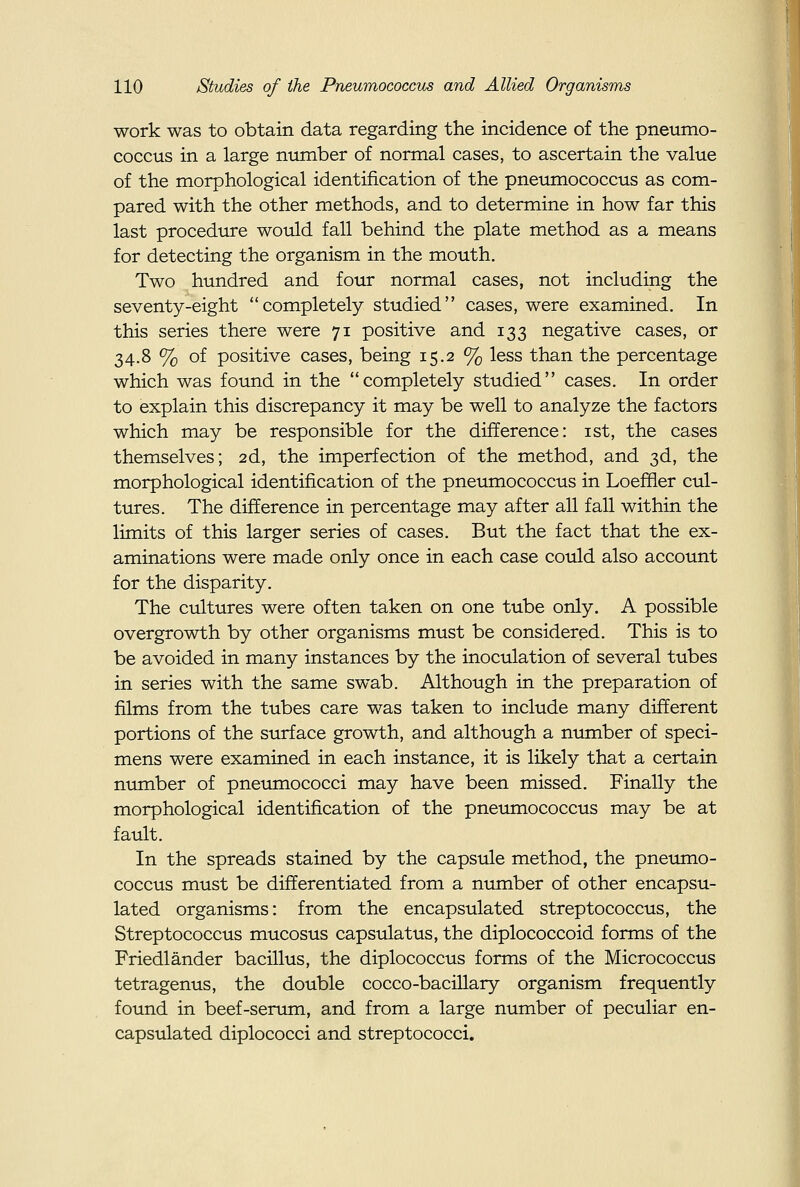 work was to obtain data regarding the incidence of the pneumo- coccus in a large number of normal cases, to ascertain the value of the morphological identification of the pneumococcus as com- pared with the other methods, and to determine in how far this last procedure would fall behind the plate method as a means for detecting the organism in the mouth. Two hundred and four normal cases, not including the seventy-eight completely studied cases, were examined. In this series there were 71 positive and 133 negative cases, or 34.8 % of positive cases, being 15.2 % less than the percentage which was found in the completely studied cases. In order to explain this discrepancy it may be well to analyze the factors which may be responsible for the difference: ist, the cases themselves; 2d, the imperfection of the method, and 3d, the morphological identification of the pneumococcus in Loeffler cul- tures. The difference in percentage may after all fall within the limits of this larger series of cases. But the fact that the ex- aminations were made only once in each case could also account for the disparity. The cultures were often taken on one tube only. A possible overgrowth by other organisms must be considered. This is to be avoided in many instances by the inoculation of several tubes in series with the same swab. Although in the preparation of films from the tubes care was taken to include many different portions of the surface growth, and although a number of speci- mens were examined in each instance, it is likely that a certain n-umber of pneumococci may have been missed. Finally the morphological identification of the pneumococcus may be at fault. In the spreads stained by the capsule method, the pneumo- coccus must be differentiated from a number of other encapsu- lated organisms: from the encapsulated streptococcus, the Streptococcus mucosus capsulatus, the diplococcoid forms of the Friedlander bacillus, the diplococcus forms of the Micrococcus tetragenus, the double cocco-bacillary organism frequently found in beef-serum, and from a large number of peculiar en- capsulated diplococci and streptococci.