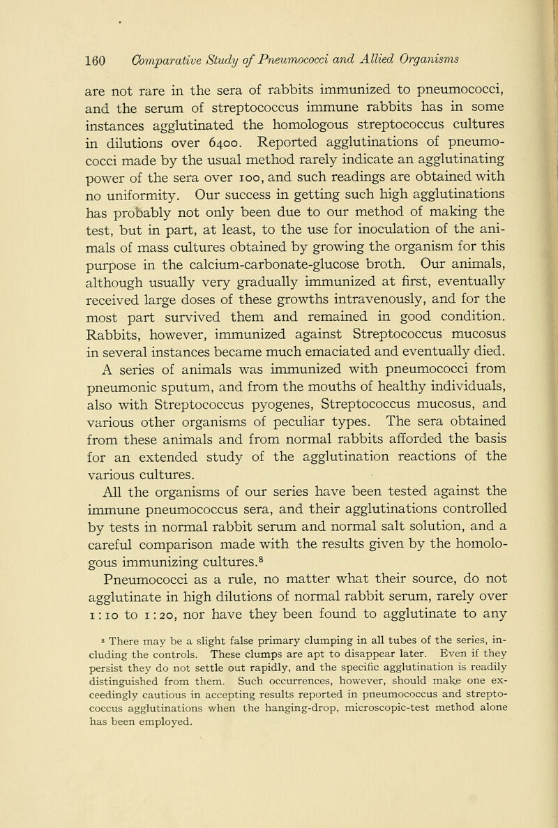 are not rare in the sera of rabbits immunized to pneumococci, and the serum of streptococcus immune rabbits has in some instances agglutinated the homologous streptococcus cultures in dilutions over 6400. Reported agglutinations of pneumo- cocci made by the usual method rarely indicate an agglutinating power of the sera over 100, and such readings are obtained with no uniformity. Our success in getting such high agglutinations has probably not only been due to our method of making the test, but in part, at least, to the use for inoculation of the ani- mals of mass cultures obtained by growing the organism for this purpose in the calcium-carbonate-glucose broth. Our animals, although usually very gradually immunized at first, eventually received large doses of these growths intravenously, and for the most part survived them and remained in good condition. Rabbits, however, immunized against Streptococcus mucosus in several instances became much emaciated and eventually died. A series of animals was immunized with pneumococci from pneumonic sputum, and from the mouths of healthy individuals, also with Streptococcus pyogenes, Streptococcus mucosus, and various other organisms of peculiar types. The sera obtained from these animals and from normal rabbits afforded the basis for an extended study of the agglutination reactions of the various cultures. All the organisms of our series have been tested against the immune pneumococcus sera, and their agglutinations controlled by tests in normal rabbit serum and normal salt solution, and a careful comparison made with the results given by the homolo- gous immiinizing cultures.^ Pneumococci as a rule, no matter what their source, do not agglutinate in high dilutions of normal rabbit serum, rarely over 1:10 to 1: 20, nor have they been found to agglutinate to any 8 There may be a slight false primary clumping in all tubes of the series, in- cluding the controls. These clumps are apt to disappear later. Even if they persist they do not settle out rapidly, and the specific agglutination is readily distinguished from them. Such occurrences, however, should make one ex- ceedingly cautious in accepting results reported in pneumococcus and strepto- coccus agglutinations when the hanging-drop, microscopic-test method alone has been employed.