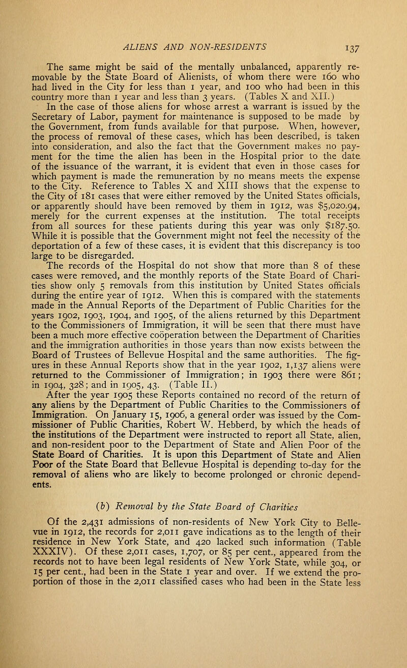 The same might be said of the mentally unbalanced, apparently re- movable by the State Board of Alienists, of whom there were i6o who had lived in the City for less than i year, and 100 who had been in this country more than i year and less than 3 years. (Tables X and XII.) In the case of those aliens for whose arrest a warrant is issued by the Secretary of Labor, payment for maintenance is supposed to be made by the Government, from funds available for that purpose. When, however, the process of removal of these cases, which has been described, is taken into consideration, and also the fact that the Government makes no pay- ment for the time the alien has been in the Hospital prior to the date of the issuance of the warrant, it is evident that even in those cases for which payment is made the remuneration by no means meets the expense to the City. Reference to Tables X and XIII shows that the expense to the City of 181 cases that were either removed by the United States officials, or apparently should have been removed by them in 1912, was $5,020.94, merely for the current expenses at the institution. The total receipts from all sources for these patients during this year was only $187.50. While it is possible that the Government might not feel the necessity of the deportation of a few of these cases, it is evident that this discrepancy is too large to be disregarded. The records of the Hospital do not show that more than 8 of these cases were removed, and the monthly reports of the State Board of Chari- ties show only 5 removals from this institution by United States officials during the entire year of 1912. When this is compared with the statements made in the Annual Reports of the Department of Public Charities for the years 1902, 1903, 1904, and 1905, of the aliens returned by this Department to the Commissioners of Immigration, it will be seen that there must have been a much more effective cooperation between the Department of Charities and the immigration authorities in those years than now exists between the Board of Trustees of Bellevue Hospital and the same authorities. The fig- ures in these Annual Reports show that in the year 1902, 1,137 aliens were returned to the Commissioner of Immigration; in 1903 there were 861; in 1904, 328; and in 1905, 43. (Table II.) After the year 1905 these Reports contained no record of the return of any aliens by the Department of Public Charities to the Commissioners of Immigration. On January 15, 1906, a general order was issued by the Com- missioner of Public Charities, Robert W. Hebberd, by which the heads of the institutions of the Department were instructed to report all State, alien, and non-resident poor to the Department of State and Alien Poor of the State Board of Charities. It is upon this Department of State and Alien Poor of the State Board that Bellevue Hospital is depending to-day for the removal of aliens who are likely to become prolonged or chronic depend- ents. (&) Removal by the State Board of Charities Of the 2,431 admissions of non-residents of New York City to Belle- vue in 1912, the records for 2,011 gave indications as to the length of their residence in New York State, and 420 lacked such information (Table XXXIV). Of these 2,011 cases, 1,707, or 85 per cent., appeared from the records not to have been legal residents of New York State, while 304, or 15 per cent, had been in the State i year and over. If we extend the pro- portion of those in the 2,011 classified cases who had been in the State less