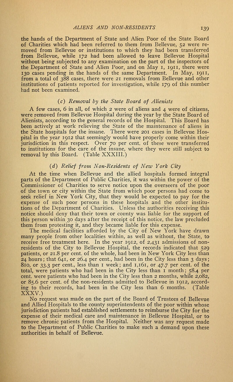 the hands of the Department of State and Alien Poor of the State Board of Charities which had been referred to them from Bellevue, 52 were re- moved from Bellevue or institutions to which they had been transferred from Bellevue, while 172 had been allowed to leave Bellevue Hospital without being subjected to any examination on the part of the inspectors of the Department of State and Alien Poor, and on May i, 1911, there were 130 cases pending in the hands of the same Department. In May, 1911, from a total of 388 cases, there were 21 removals from Bellevue and other institutions of patients reported for investigation, while 179 of this number had not been examined. (c) Removal by the State Board of Alienists A few cases, 6 in all, of which 2 were of aliens and 4 were of citizens, were removed from Bellevue Hospital during the year by the State Board of Alienists, according to the general records of the Hospital. This Board has been actively at work relieving the State of the maintenance of aliens in the State hospitals for the insane. There were 201 cases in Bellevue Hos- pital in the year 1912 that seemingly would have properly come within their jurisdiction in this respect. Over 70 per cent, of these were transferred to institutions for the care of the insane, where they were still subject to removal by this Board. (Table XXXHI.) (d) Relief from Non-Residents of New York City At the time when Bellevue and the allied hospitals formed integral parts of the Department of Public Charities, it was within the power of the Commissioner of Charities to serve notice upon the overseers of the poor of the town or city within the State from which poor persons had come to seek relief in New York City, that they would be expected to pay for the expense of such poor persons in these hospitals and the other institu- tions of the Department of Charities. Unless the authorities receiving this notice should deny that their town or county was liable for the support of this person within 30 days after the receipt of this notice, the law precluded them from protesting it, and they became liable for this expense. The medical facilities afforded by the City of New York have drawn many people from other localities within, as well as without, the State, to receive free treatment here. In the year 1912, of 2,431 admissions of non- residents of the City to Bellevue Hospital, the records indicated that 529 patients, or 21.8 per cent, of the whole, had been in New York City less than 24 hours; that 641, or 26.4 per cent., had been in the City less than 3 days; 810, or 33.3 per cent., less than i week; and 1,161, or 47.7 per cent, of the total, were patients who had been in the City less than i month; 58.4 per cent, were patients who had been in the City less than 2 months, while 2,082, or 85.6 per cent, of the non-residents admitted to Bellevue in 1912, accord- ing to their records, had been in the City less than 6 months. (Table XXXV.) No request was made on the part of the Board of Trustees of Bellevue and Allied Hospitals to the county superintendents of the poor within whose jurisdiction patients had established settlements to reimburse the City for the expense of their medical care and maintenance in Bellevue Hospital, or to remove chronic patients from the Hospital. Neither was any request made to the Department of Public Charities to make such a demand upon these authorities in behalf of Bellevue.