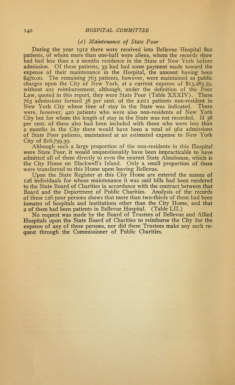 {e) Maintenance of State Poor During the year 1912 there were received into Bellevue Hospital 802 patients, of whom more than one-half were aliens, whom the records show had had less than a 2 months residence in the State of New York before admission. Of these patients, 39 had had some payment made toward the expense of their maintenance in the Hospital, the amount having been $470.00. The remaining 763 patients, however, were maintained as public charges upon the City of New York, at a current expense of $13,283.59, without any reimbursement, although, under the definition of the Poor Law, quoted in this report, they were State Poor (Table XXXIV). These 763 admissions formed 38 per cent, of the 2,011 patients non-resident in New York City whose time of stay in the State was indicated. There were, however, 420 patients who were also non-residents of New York City but for whom the length of stay in the State was not recorded. If 38 per cent, of these also had been included with those who were less than 2 months in the City there would have been a total of 962 admissions of State Poor patients, maintained at an estimated expense to New York City of $16,799.39. Although such a large proportion of the non-residents in this Hospital were State Poor, it would unquestionably have been impracticable to have admitted all of them directly to even the nearest State Almshouse, which is the City Home on Blackwell's Island. Only a small proportion of them were transferred to this Home upon leaving Bellevue. Upon the State Register at this City Home are entered the names of 126 individuals for whose maintenance it was said bills had been rendered to the State Board of Charities in accordance with the contract between that Board and the Department of Public Charities. Analysis of the records of these 126 poor persons shows that more than two-thirds of them had been inmates of hospitals and institutions other than the City Home, and that 2 of them had been patients in Bellevue Hospital. (Table LII.) No request was made by the Board of Trustees of Bellevue and Allied Hospitals upon the State Board of Charities to reimburse the City for the expense of any of these persons, nor did these Trustees make any such re- quest through the Commissioner of Public Charities.