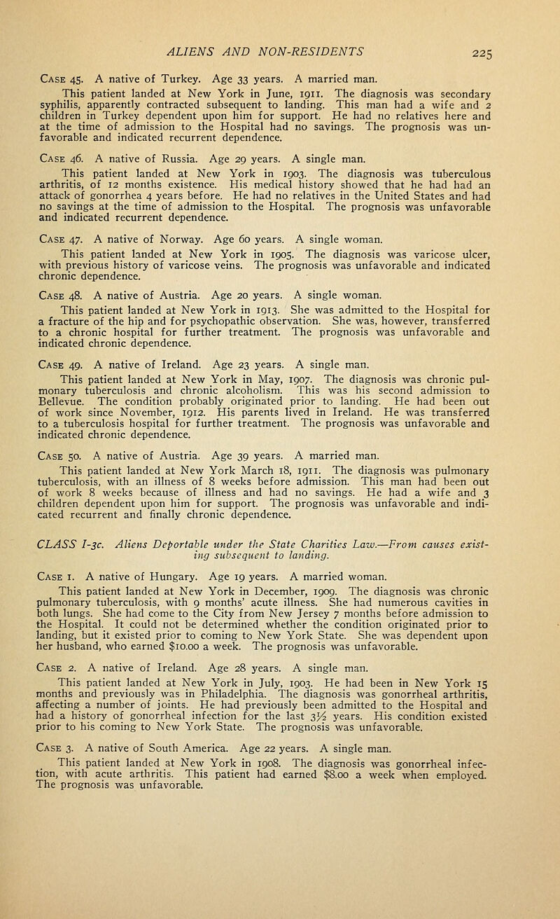 Case 45. A native of Turkey. Age 33 years. A married man. This patient landed at New York in June, 1911. The diagnosis was secondary syphilis, apparently contracted subsequent to landing. This man had a wife and 2 children in Turkey dependent upon him for support. He had no relatives here and at the time of admission to the Hospital had no savings. The prognosis was un- favorable and indicated recurrent dependence. Case 46. A native of Russia. Age 29 years. A single man. This patient landed at New York in 1903. The diagnosis was tuberculous arthritis, of 12 months existence. His medical history showed that he had had an attack of gonorrhea 4 years before. He had no relatives in the United States and had no savings at the time of admission to the Hospital. The prognosis was unfavorable and indicated recurrent dependence. Case 47. A native of Norway. Age 60 years. A single woman. This patient landed at New York in 1905. The diagnosis was varicose ulcer, with previous history of varicose veins. The prognosis was unfavorable and indicated chronic dependence. Case 48. A native of Austria. Age 20 years. A single woman. This patient landed at New York in 1913. She was admitted to the Hospital for a fracture of the hip and for psychopathic observation. She was, however, transferred to a chronic hospital for further treatment. The prognosis was unfavorable and indicated chronic dependence. Case 49. A native of Ireland. Age 23 years. A single man. This patient landed at New York in May, 1907. The diagnosis was chronic pul- monary tuberculosis and chronic alcoholism. This was his second admission to Bellevue. The condition probably originated prior to landing. He had been out of work since November, 1912. His parents lived in Ireland. He was transferred to a tuberculosis hospital for further treatment. The prognosis was unfavorable and indicated chronic dependence. Case 50. A native of Austria. Age 39 years. A married man. This patient landed at New York March 18, 1911. The diagnosis was pulmonary tuberculosis, with an illness of 8 weeks before admission. This man had been out of work 8 weeks because of illness and had no savings. He had a wife and 3 children dependent upon him for support. The prognosis was unfavorable and indi- cated recurrent and finally chronic dependence. CLASS I-3C. Aliens Deportable under the State Charities Law.—From causes exist- ing subsequent to landing. Case i. A native of Hungary. Age 19 years. A married woman. This patient landed at New York in December, 1909. The diagnosis was chronic pulmonary tuberculosis, with 9 months' acute illness. She had numerous cavities in both lungs. She had come to the City from New Jersey 7 months before admission to the Hospital. It could not be determined whether the condition originated prior to landing, but it existed prior to coming to New York State. She was dependent upon her husband, who earned $10.00 a week. The prognosis was unfavorable. Case 2. A native of Ireland. Age 28 years. A single man. This patient landed at New York in July, 1903. He had been in New York is months and previously was in Philadelphia. The diagnosis was gonorrheal arthritis, affecting a number of joints. _ He had previously been admitted to the Hospital and had a history of gonorrheal infection for the last 3^2 years. His condition existed prior to his coming to New York State. The prognosis was unfavorable. Case 3. A native of South America. Age 22 years. A single man. This patient landed at New York in 1908. The diagnosis was gonorrheal infec- tion, with acute arthritis. This patient had earned $8.00 a week when employed. The prognosis was unfavorable.