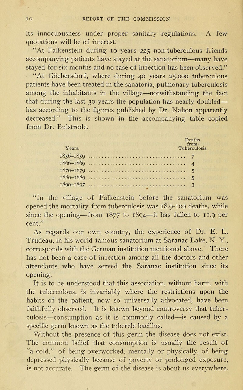 its innocuousness under proper sanitary regulations. A few quotations will be of interest. At Falkenstein during- lo years 225 non-tuberculous friends accompanying patients have stayed at the sanatorium—many have stayed for six months and no case of infection has been observed. At Goebersdorf, where during 40 years 25,000 tuberculous patients have been treated in the sanatoria, pulmonary tuberculosis among the inhabitants in the village—notwithstanding the fact that during the last 30 years the population has nearly doubled— has according to the figures published by Dr. Nahon apparently decreased. This is shown in the accompanying table copied from Dr. Bulstrode. Deaths from Years. Tuberculosis. 1856-1859 7 1866-1869 4 1870-1879 5 1880-1889 5 1890-1897 3 In the village of Falkenstein before the sanatorium was opened the mortality from tuberculosis was 18.9-100 deaths, while since the opening—from 1877 to 1894:—it has fallen to 11.9 per cent. As regards our own country, the experience of Dr. E. L. Trudeau, in his world famous sanatorium at Saranac Lake, N. Y., corresponds with the German institution mentioned above. There has not been a case of infection among all the doctors and other attendants who have served the Saranac institution since its opening. It is to be understood that this association, without harm, with the tuberculous, is invariably where the restrictions upon the habits of the patient, now so universally advocated, have been faithfully observed. It is known beyond controversy that tuber- culosis—consumption as it is commonly called—is caused by a specific germ known as the tubercle bacillus. Without the presence of this germ the disease does not exist. The common belief that consumption is usually the result of a cold, of being overworked, mentally or physically, of being depressed physically because of poverty or prolonged exposure, is not accurate. The germ of the disease is about us everywhere.