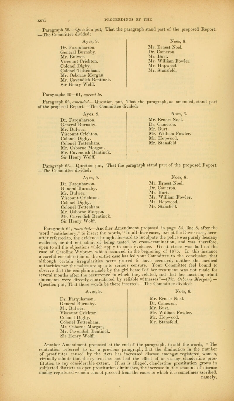 Para<»rai)h 59.—Question put, That the paragi-aph stand part of the proposed Keport. -The Committee divided: Ayes, 9. Dr. Fiiniuharson. Gencrul Burnaby. Mr. Buhver. Viscount Crichton. Colonel Digby. Colonel Tottenham. ]Mr. Osborne Morgan. Mr. Cavendisli Bentinck. Sir Heniy Wolfl^ Noes, 6. Mr. Ernest Noel. Dr. Cameron. Mr. Jiurt. Mr. AVilliam Fowler. Mr. Ilopwood. iMr. Stansfeld. Paragraphs 60—61, agreed to. Paragraph 62, amended.— Question put. That the paragraph, as amended, stand i)art of the proposed Keport.—The Committee divided: Ayes, 9. Dr. Farcjuharson. General Bui'naby. !Mr. Buhver. Viscount Crichton. Colonel Digb}-. Colonel Tottenham. Mr. Osborne Morgan. Mr. Cavendish Bentinck. Sir Henry Wolff. Paragraph 63.—Question put. That the paragraph stand part of the proposed Ecpovt. —The Committee divided: Noes, 6. Mr. Ernest Noel. Dr. Cameron. Jlr. Burt. Mr. William Fowle Mr. Hopwood. Mr. Stansfeld. Noes, 6. Mr. Ernest Noel. Dr. Cameron. Mr. Burt. Mr. William Fowler. Mr. Hopwood. Mr. Stansfeld. Ayes, 9. Dr. Farcjuharson. General Burnaby. Mr. Buhver. Viscount Crichton. Colonel Digby. Colonel Tottenham. Mr. Osborne INIorgan. Mr. Cavendish Bentinck. Sir Henry Wolff. Paragraph 64, amended.—Another Amendment proposed in page 54, line 8, after the word  satisfactory, to insert the words,  In all these cases, except the Dover case, here- after referred to, the evidence brought forward to inculpate the police was purely hearsay evidence, or did not admit of being tested by cross-examination, and was, tiierefore, open to all the dbjections which apply to such evidence. Great stress was laid on the case of Caroline Wybrow, which occurred in the beginning of 1875. In this instance a careful consideration of the entire case has led your Committee to the conclusion that although certain irregularities were proved to have occurred, neither the medical authorities nor the police are open to serious censure. Your Committee feel bound to observe that the coni])laints made by the girl herself of her treatment was not made for several months after the occurrence to which they related, and that lier most important statements were directly contradicted by reliable witnesses —(Mr. Osborne Morgan).— Question put, That those words be there inserted.—The Committee divided: Noes, 6. Mr. Ernest Noel. Dr. Cameron. Mr. Burt. ]Mr. William Fowler. Mr. Hopwood. Mr, Stansfeld. Ayes, 9. Dr. Farquharson. General Burnaby. Mr. Buhver. Viscount Crichton. Colonel Digby. Colonel Tottenham. Mr, Osboi-ne Morgan, Mr, Cavendish Bentinck. Sir Henry Wolff. Another Amendment proposed at the end of the paragraph, to add the words,  The contention referred to in a previous paragraph, that the diminution in the number of prostitutes caused by the Acts has increased disease amongst registered women, virtually admits that the system has not had ihe effect of increasing clandestine pros- titution to any considerable extent. If, as is alleged, clandestine prostitution grows in subjected districts as open prostitution diminishes, the increase in the amount of disease among registered women cannot proceed from the cause to which it is sometimes ascribed, namely.